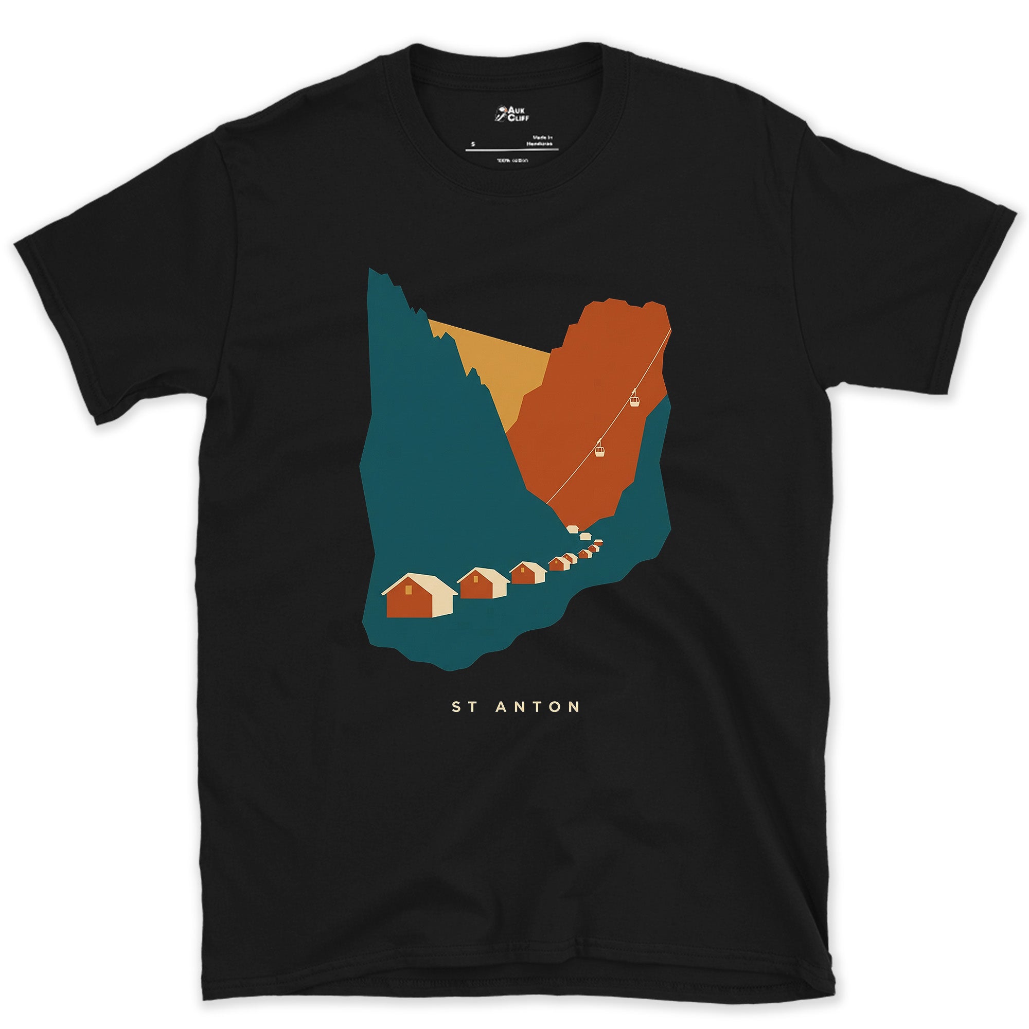 St Anton, Village Below the Lift Line design on a Black Gildan Softstyle t-shirt