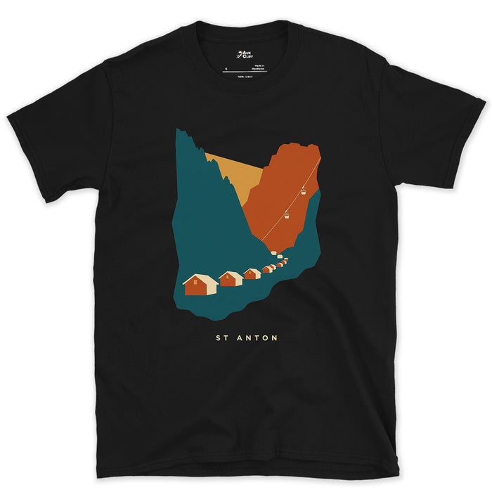 St Anton, Village Below the Lift Line design on a Black Gildan Softstyle t-shirt