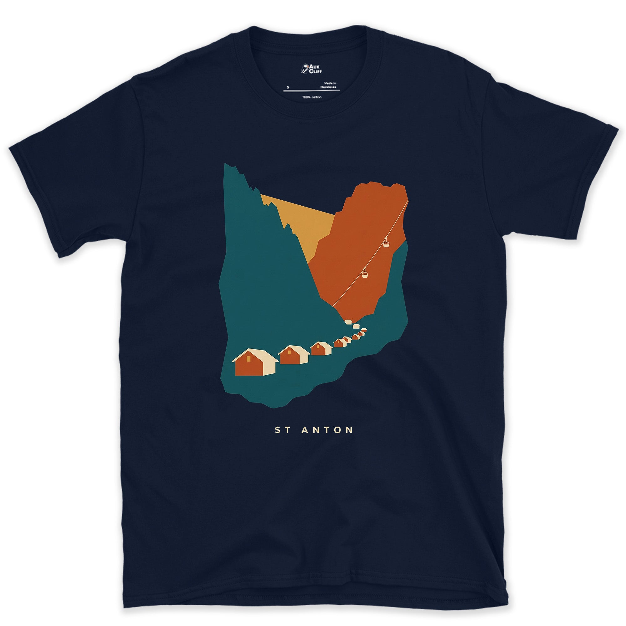 St Anton, Village Below the Lift Line design on a Navy Gildan Softstyle t-shirt