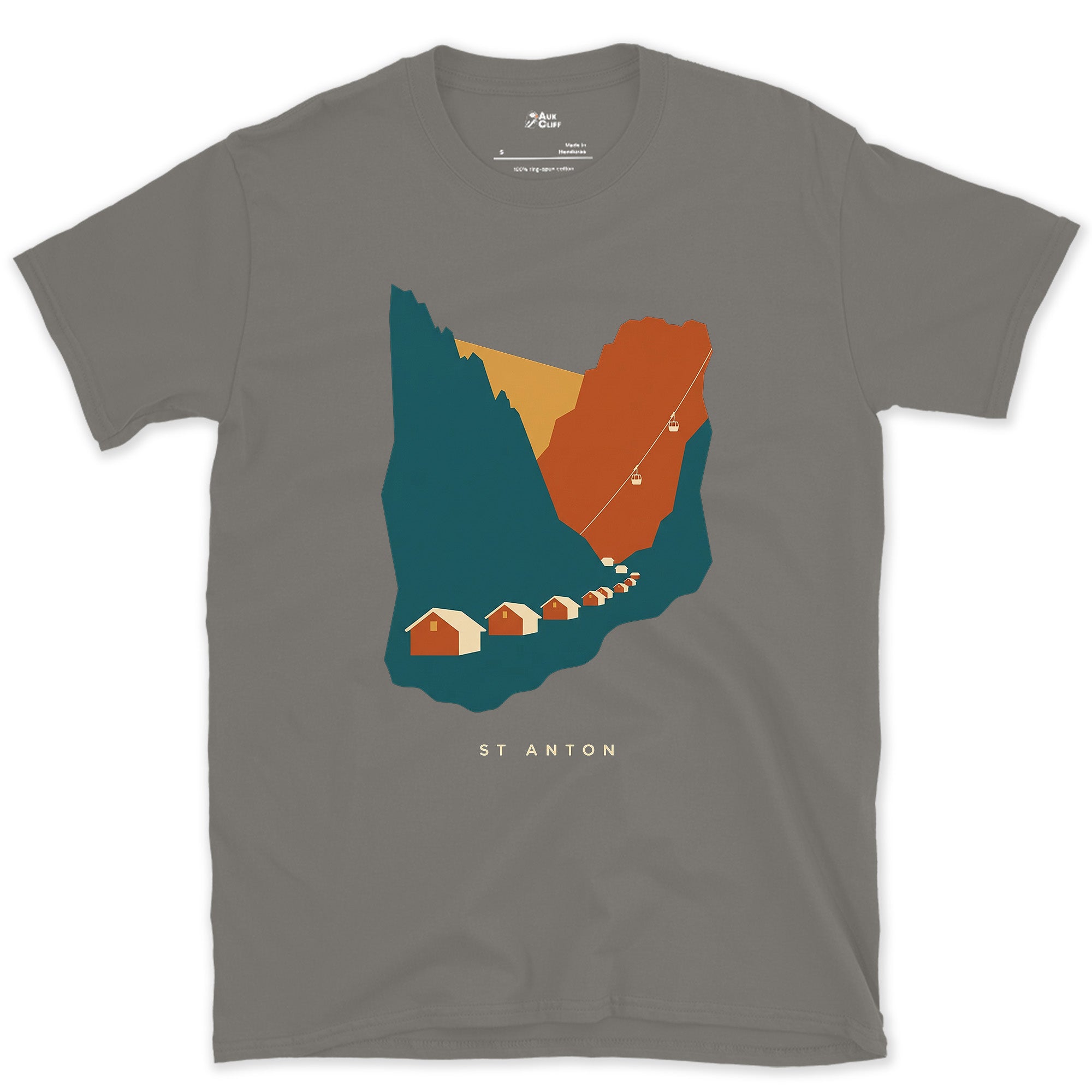St Anton, Village Below the Lift Line design on a Charcoal Gildan Softstyle t-shirt