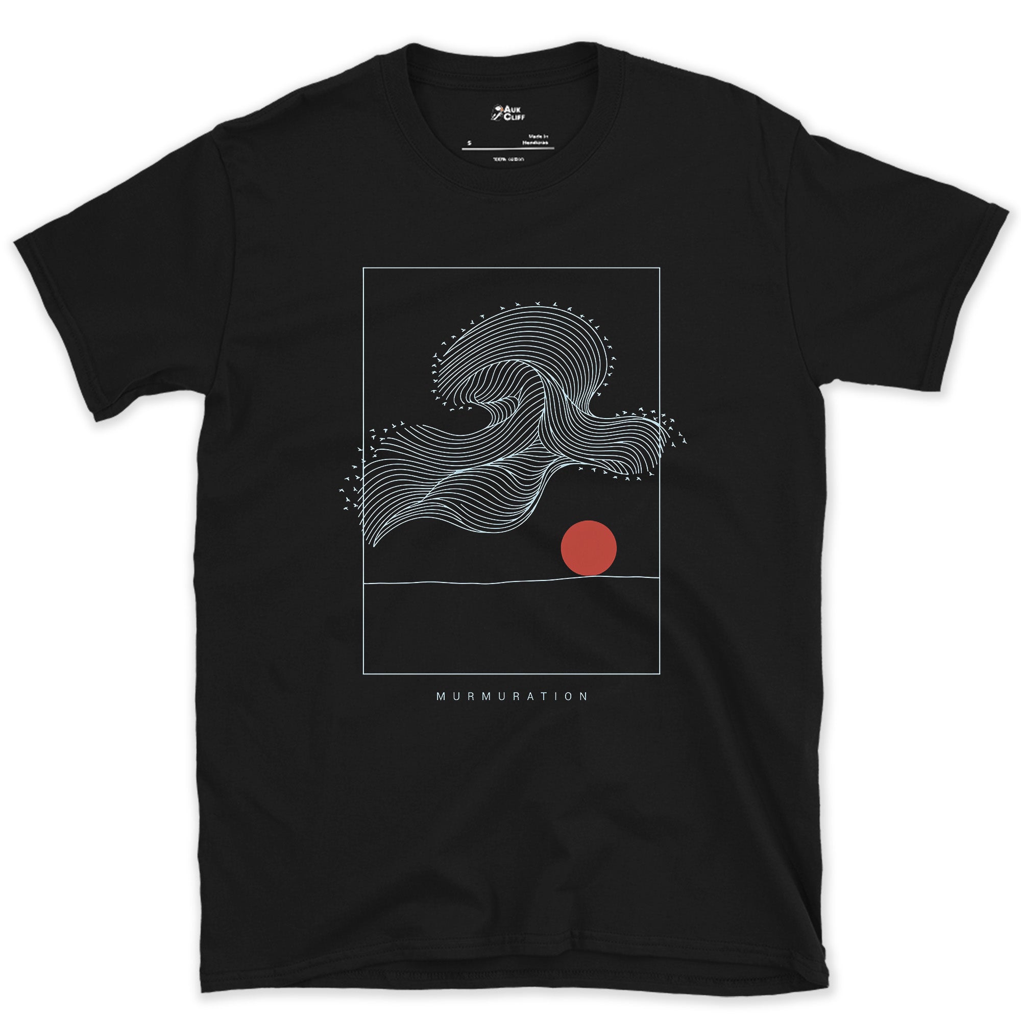 A Murmuration Swirling Under a Red Sun design on a Black Gildan Softstyle t-shirt