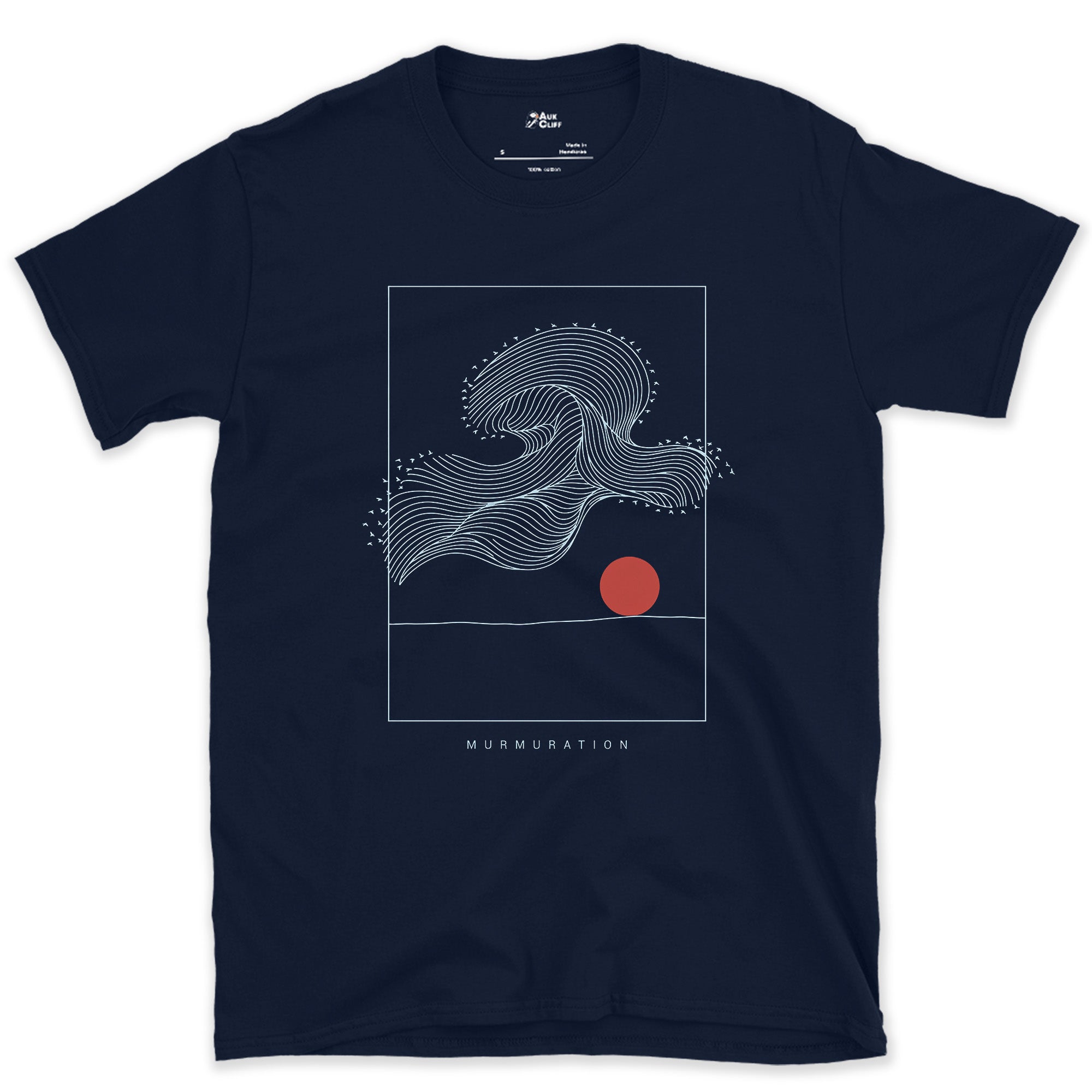 A Murmuration Swirling Under a Red Sun design on a Navy Gildan Softstyle t-shirt