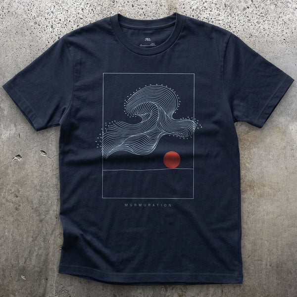 A Murmuration Swirling Under a Red Sun design on a Navy Gildan Softstyle t-shirt