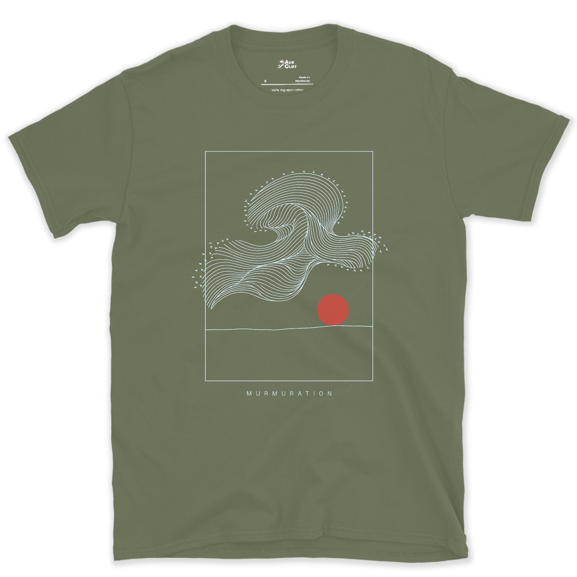 A Murmuration Swirling Under a Red Sun design on a Military Green Gildan Softstyle t-shirt