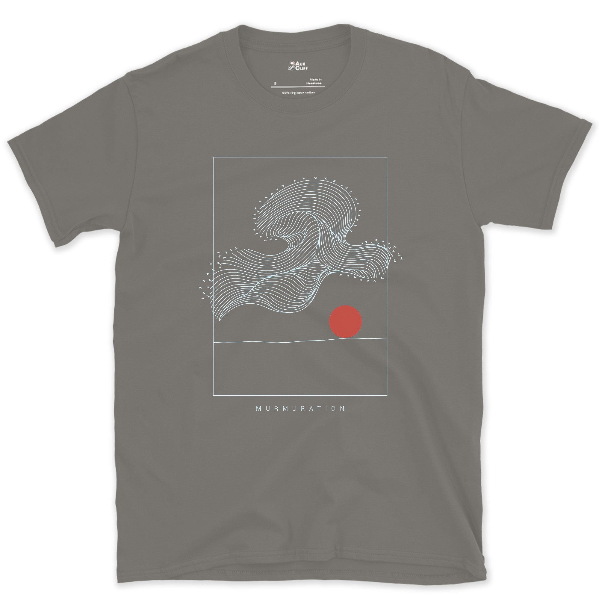 A Murmuration Swirling Under a Red Sun design on a Charcoal Gildan Softstyle t-shirt