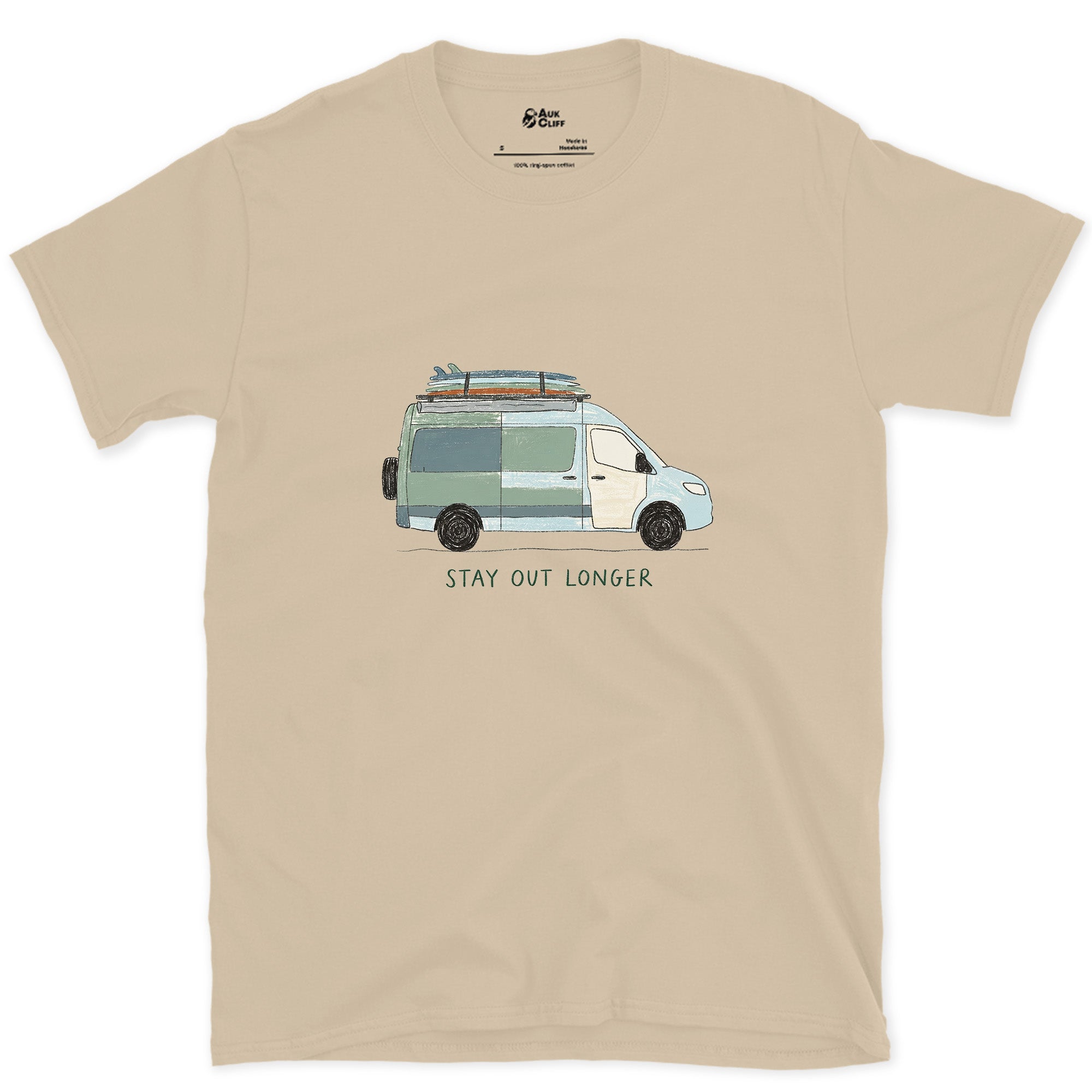 Stay Out Longer, Hi Roof and a Surfboard design on a Sand Gildan Softstyle t-shirt