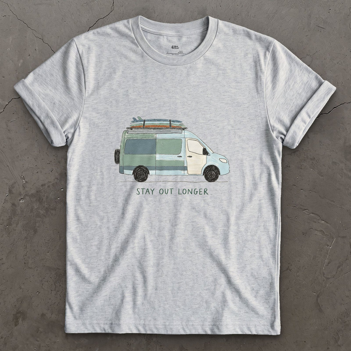 Stay Out Longer, Hi Roof and a Surfboard design on a Sport Grey Gildan Softstyle t-shirt