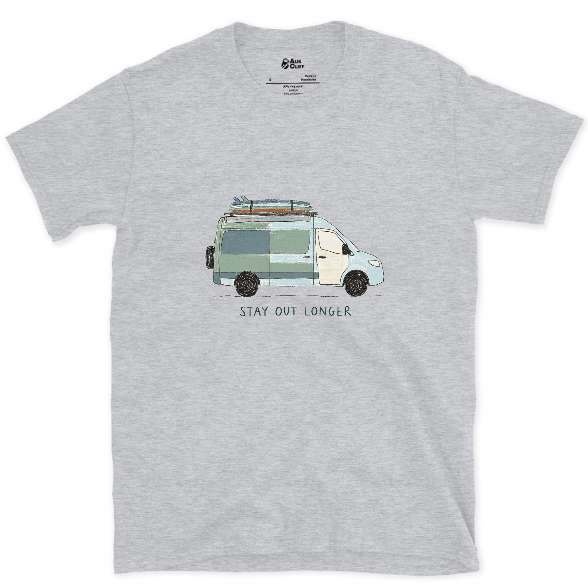 Stay Out Longer, Hi Roof and a Surfboard design on a Sport Grey Gildan Softstyle t-shirt