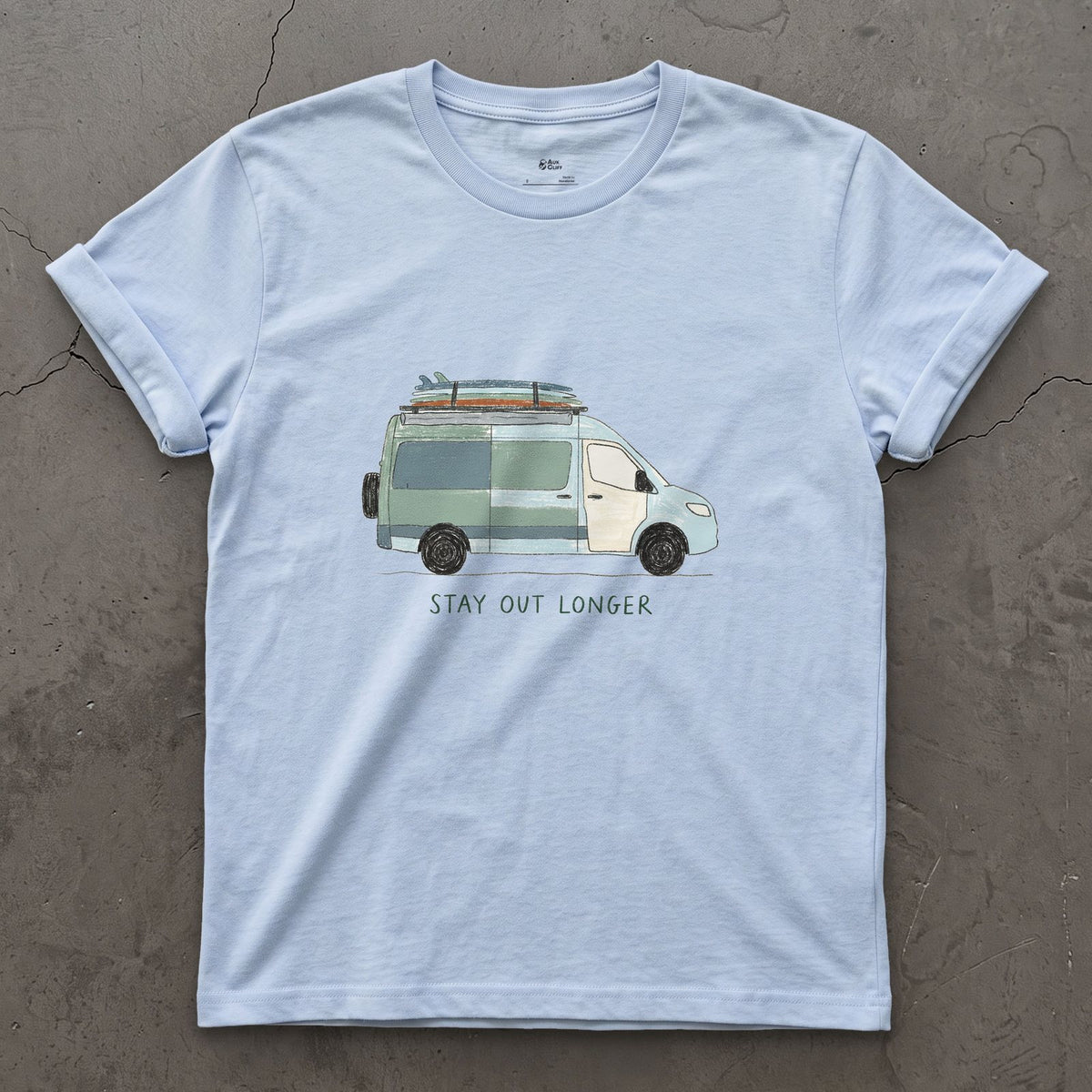 Stay Out Longer, Hi Roof and a Surfboard design on a Light Blue Gildan Softstyle t-shirt