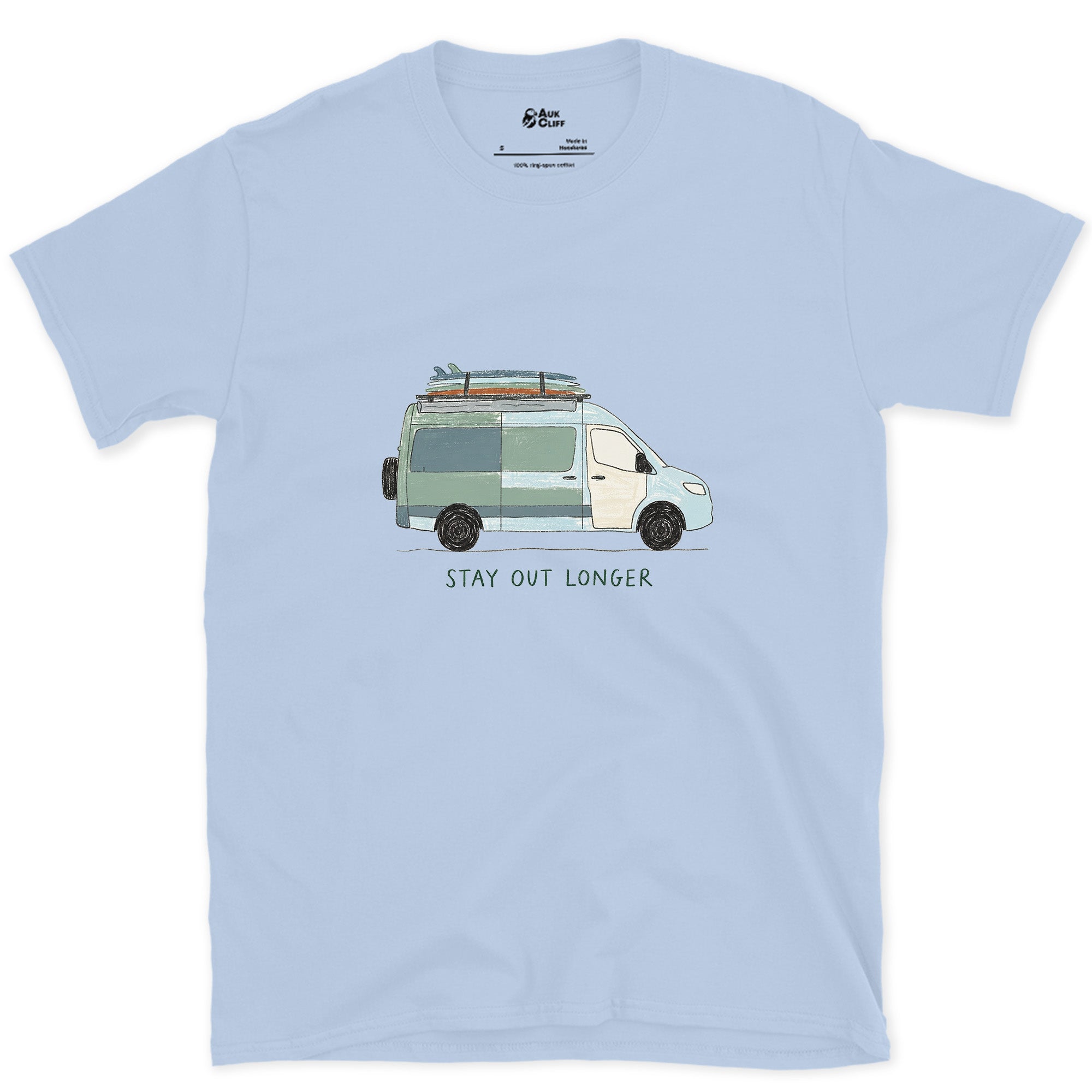 Stay Out Longer, Hi Roof and a Surfboard design on a Light Blue Gildan Softstyle t-shirt