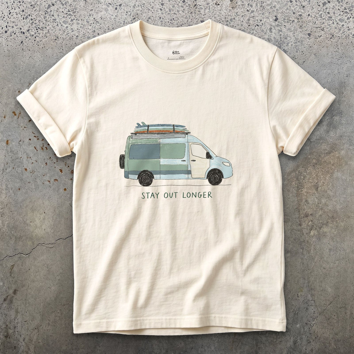 Stay Out Longer, Hi Roof and a Surfboard design on a Natural Gildan Softstyle t-shirt