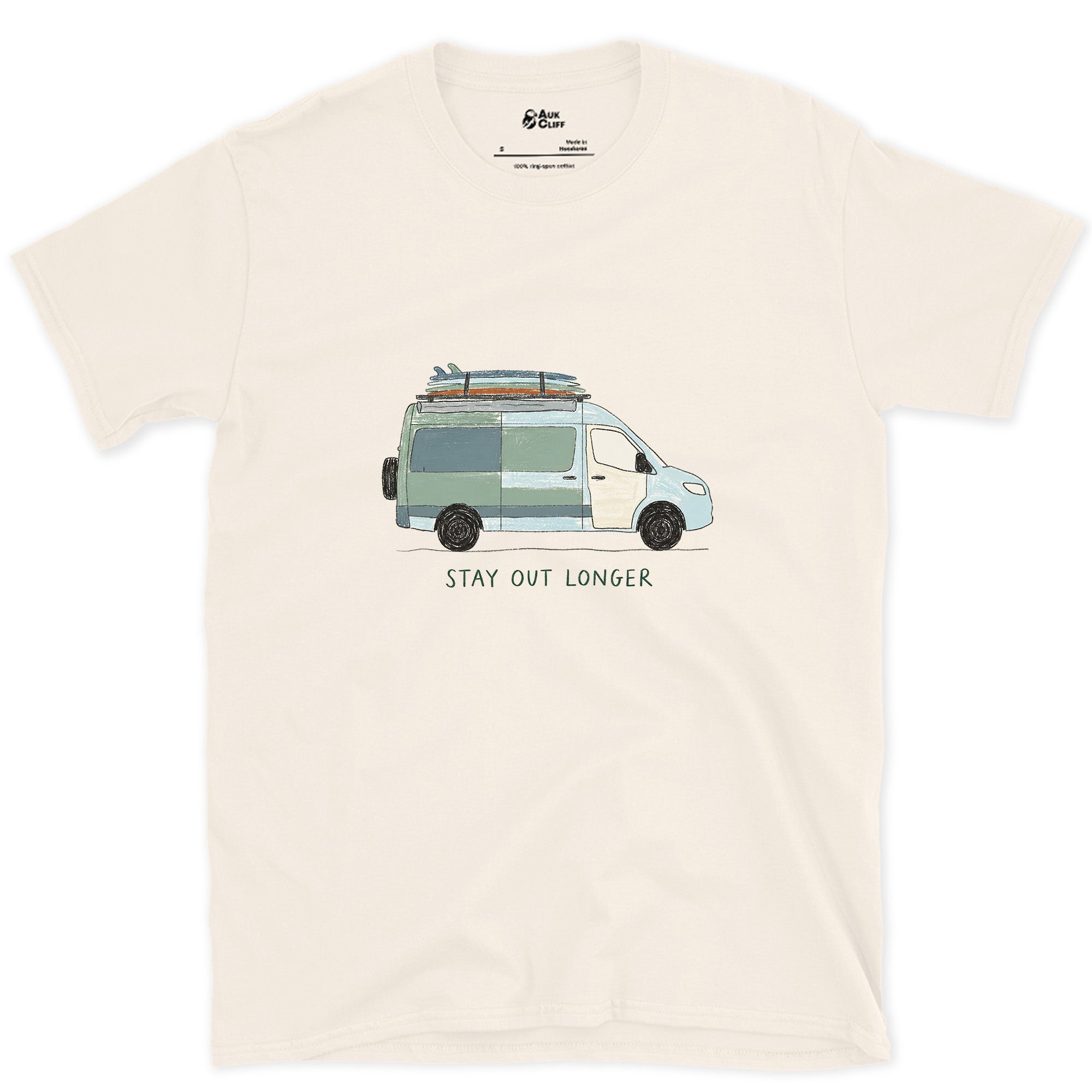 Stay Out Longer, Hi Roof and a Surfboard design on a Natural Gildan Softstyle t-shirt