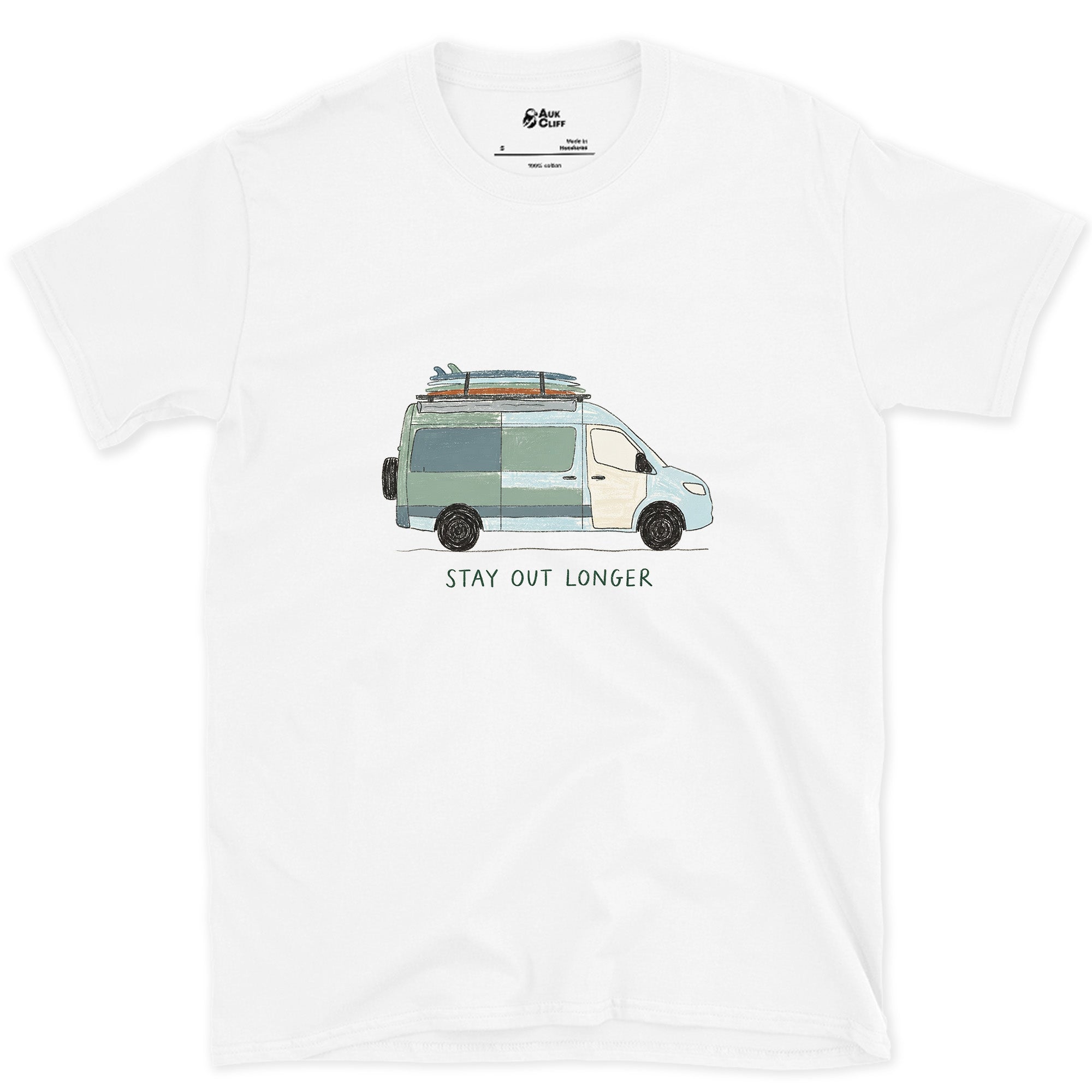 Stay Out Longer, Hi Roof and a Surfboard design on a White Gildan Softstyle t-shirt