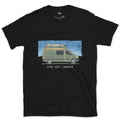 Stay Out Longer, Campervan and Surfboard design on a Black Gildan Softstyle t-shirt