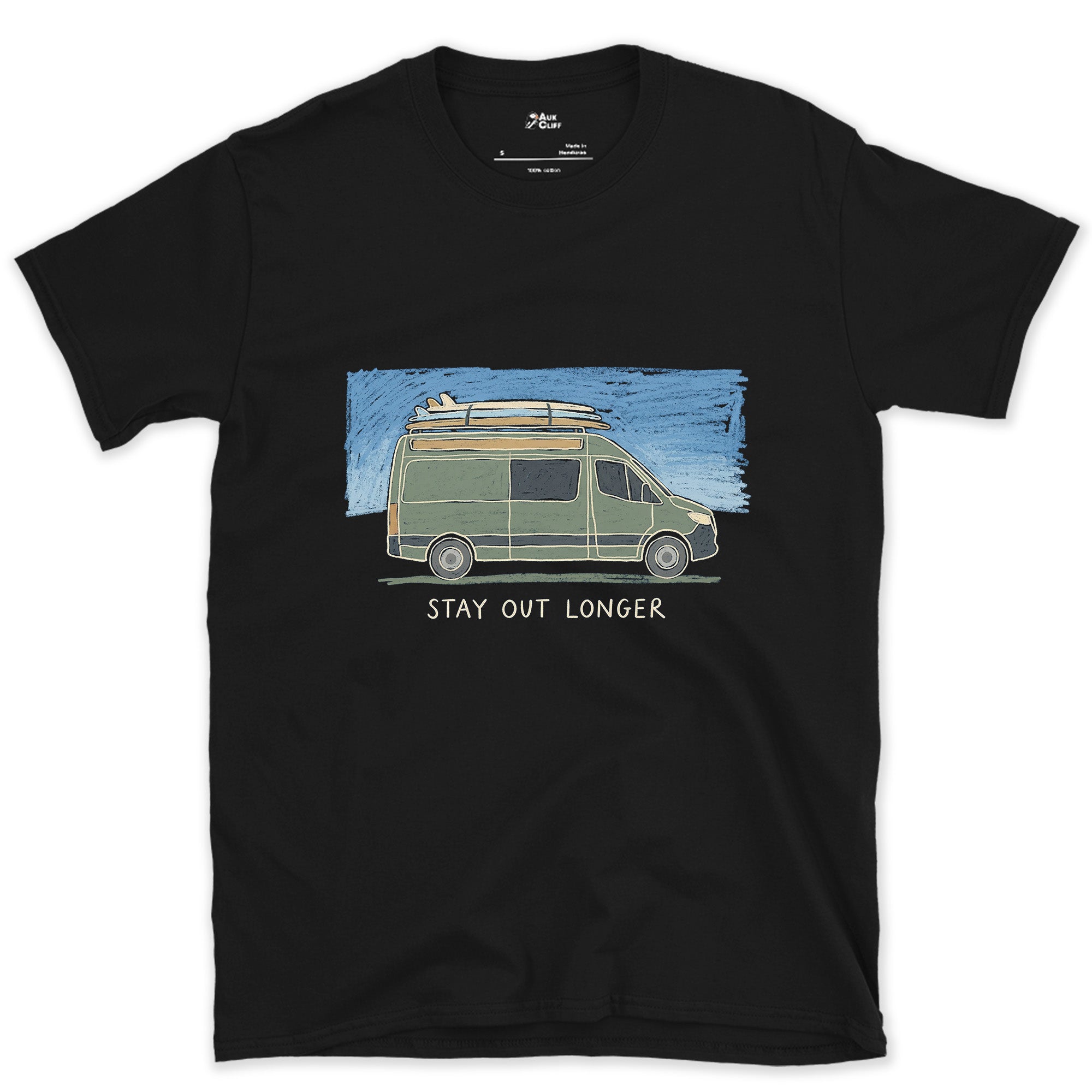 Stay Out Longer, Campervan and Surfboard design on a Black Gildan Softstyle t-shirt