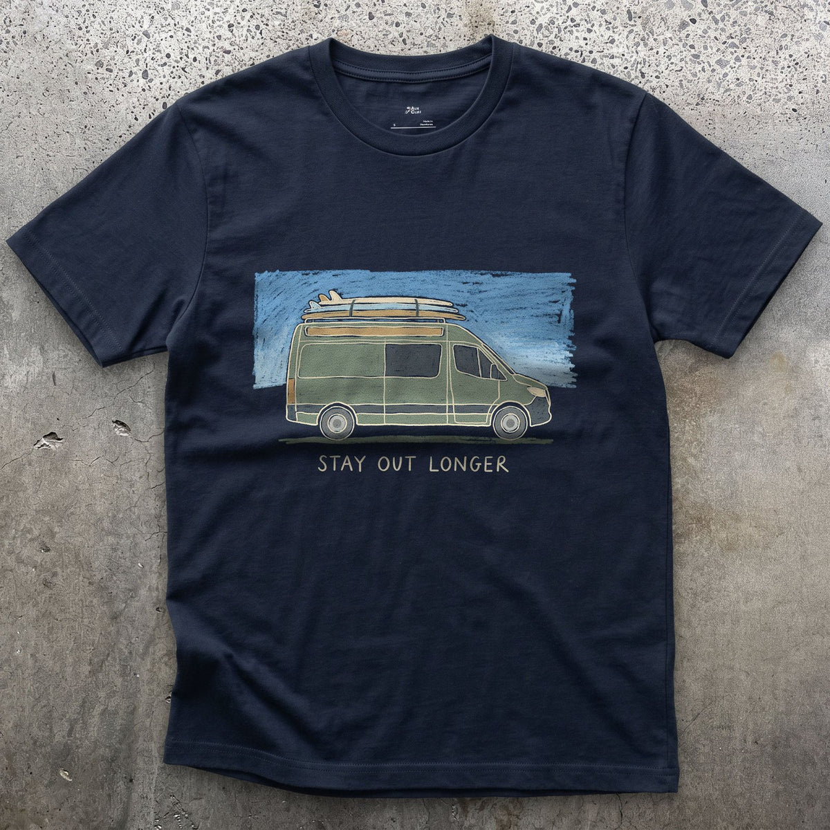 Stay Out Longer, Campervan and Surfboard design on a Navy Gildan Softstyle t-shirt