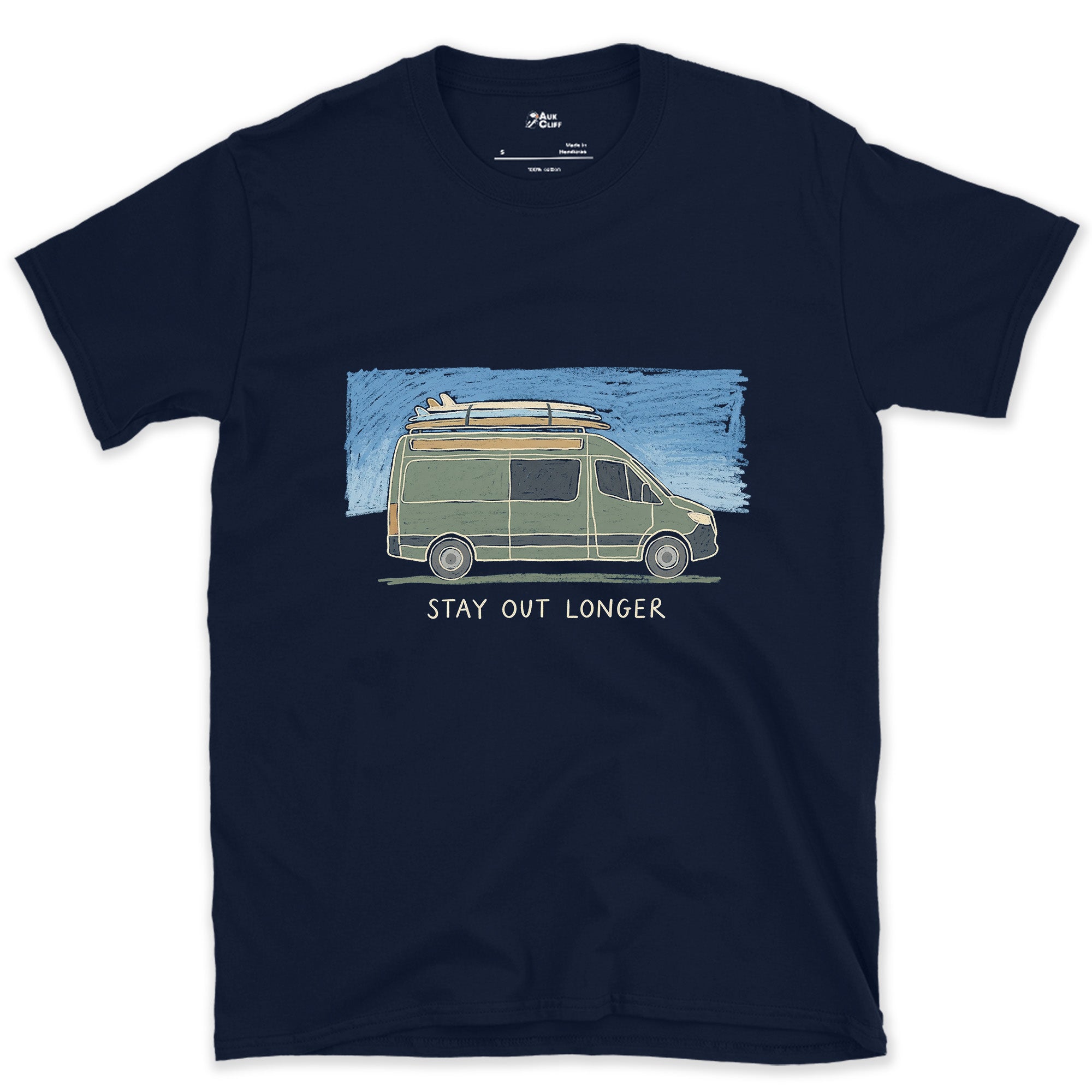 Stay Out Longer, Campervan and Surfboard design on a Navy Gildan Softstyle t-shirt