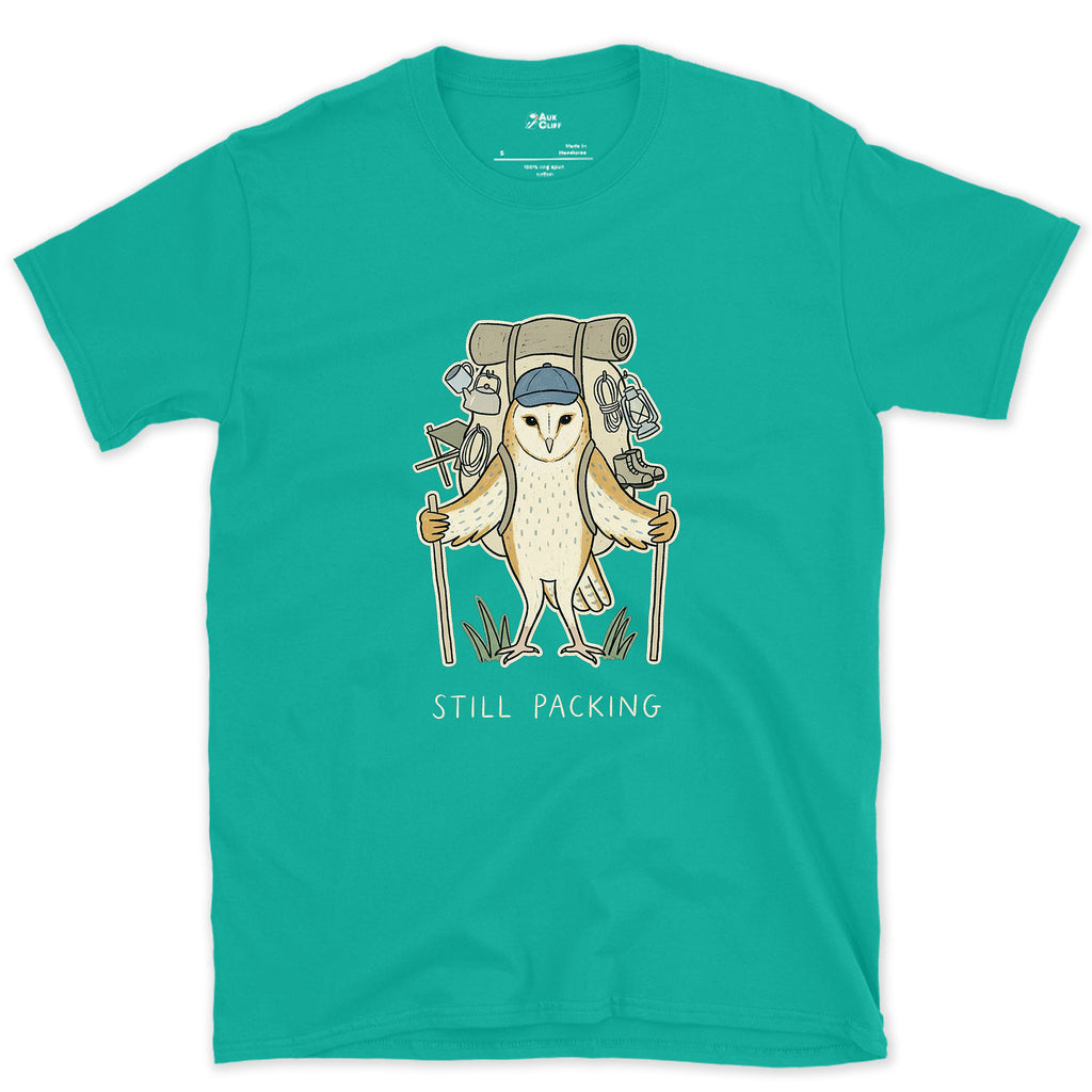 Not Packed Yet, Barn Owl Hiker design on a Jade Dome Gildan Softstyle t-shirt