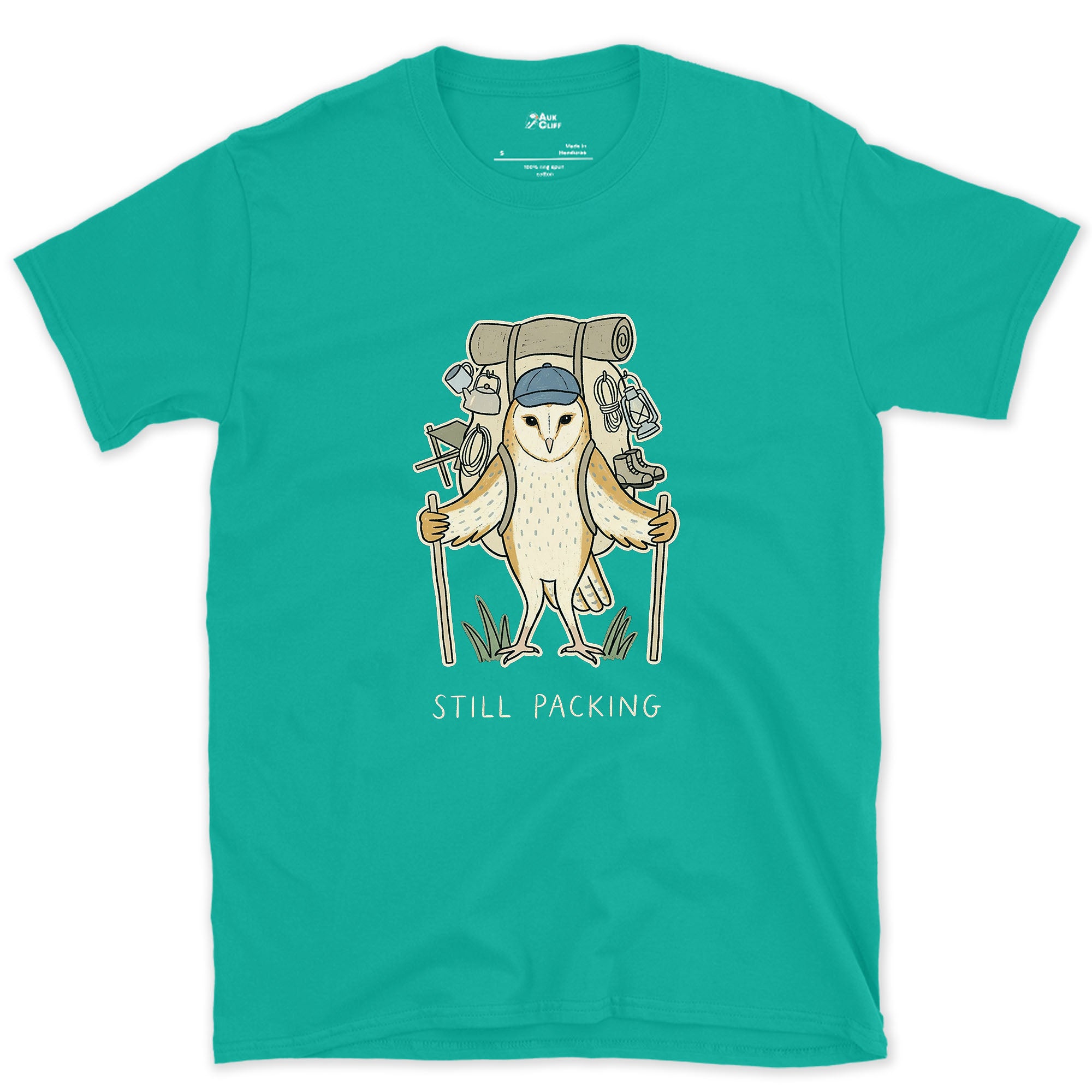 Not Packed Yet, Barn Owl Hiker design on a Jade Dome Gildan Softstyle t-shirt