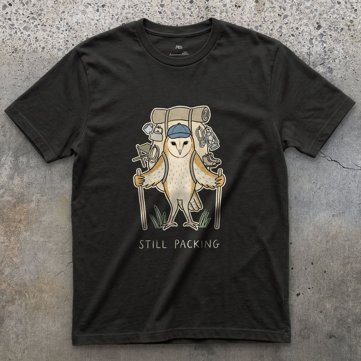 Not Packed Yet, Barn Owl Hiker design on a Black Gildan Softstyle t-shirt
