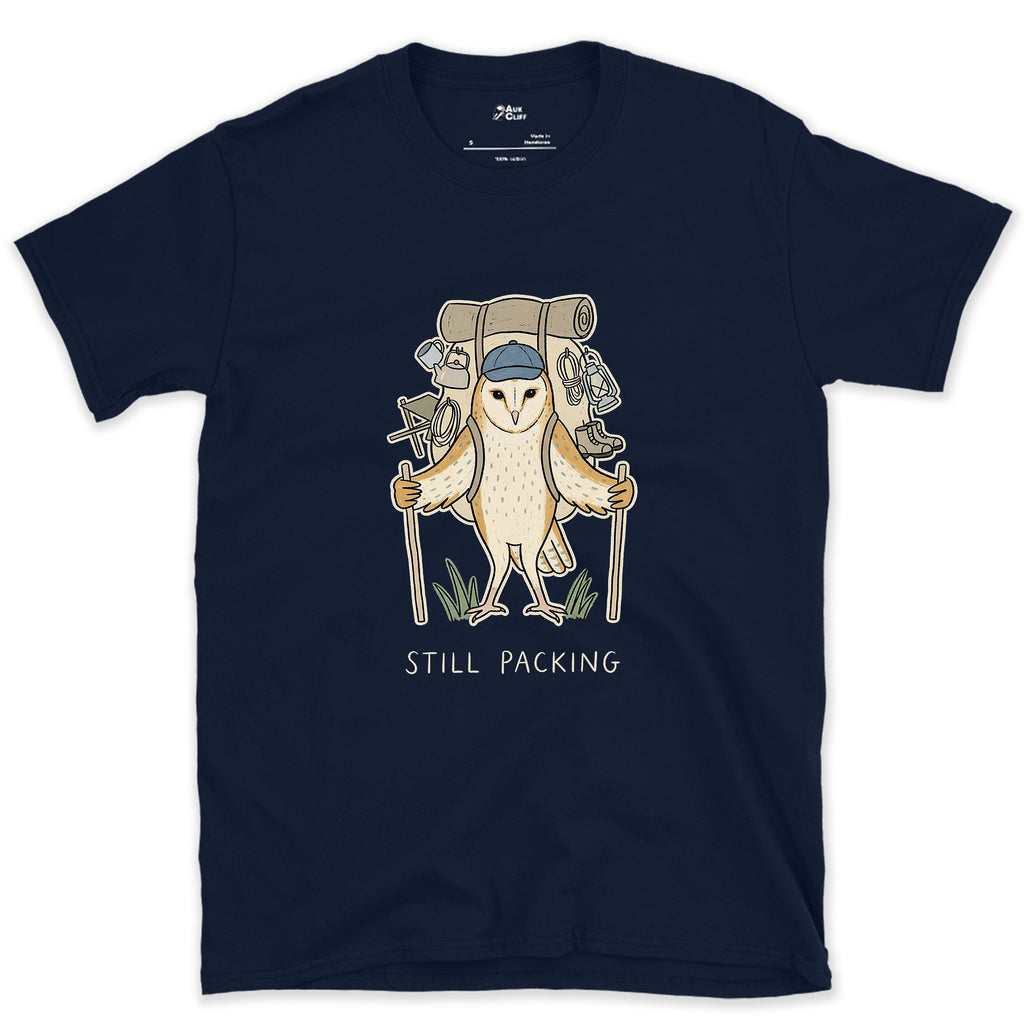 Not Packed Yet, Barn Owl Hiker design on a Navy Gildan Softstyle t-shirt