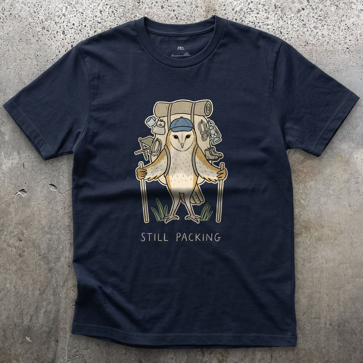 Not Packed Yet, Barn Owl Hiker design on a Navy Gildan Softstyle t-shirt