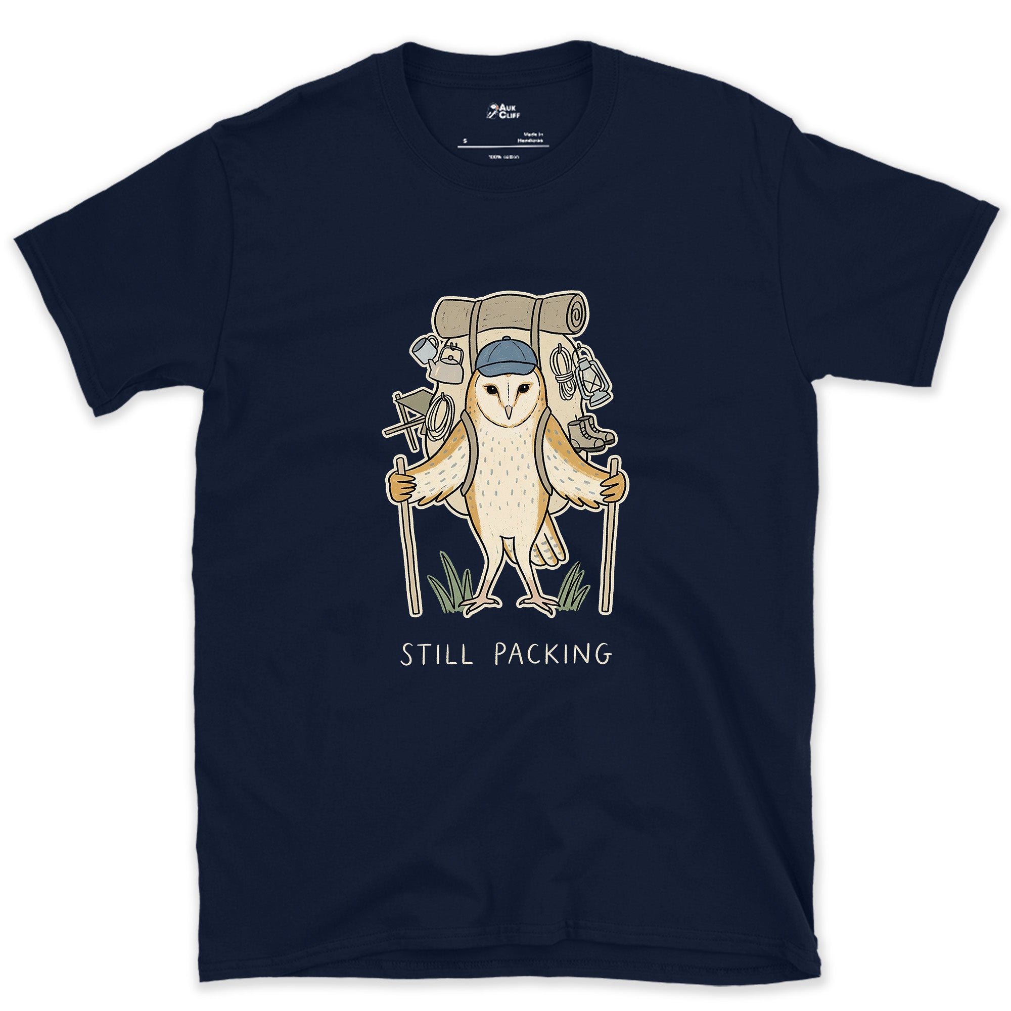 Not Packed Yet, Barn Owl Hiker design on a Navy Gildan Softstyle t-shirt
