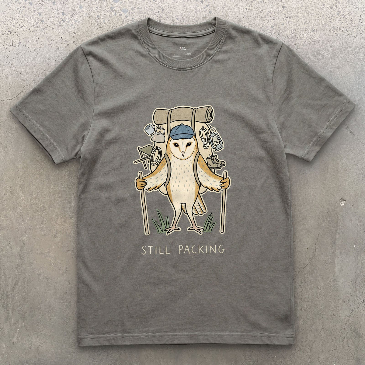Not Packed Yet, Barn Owl Hiker design on a Charcoal Gildan Softstyle t-shirt