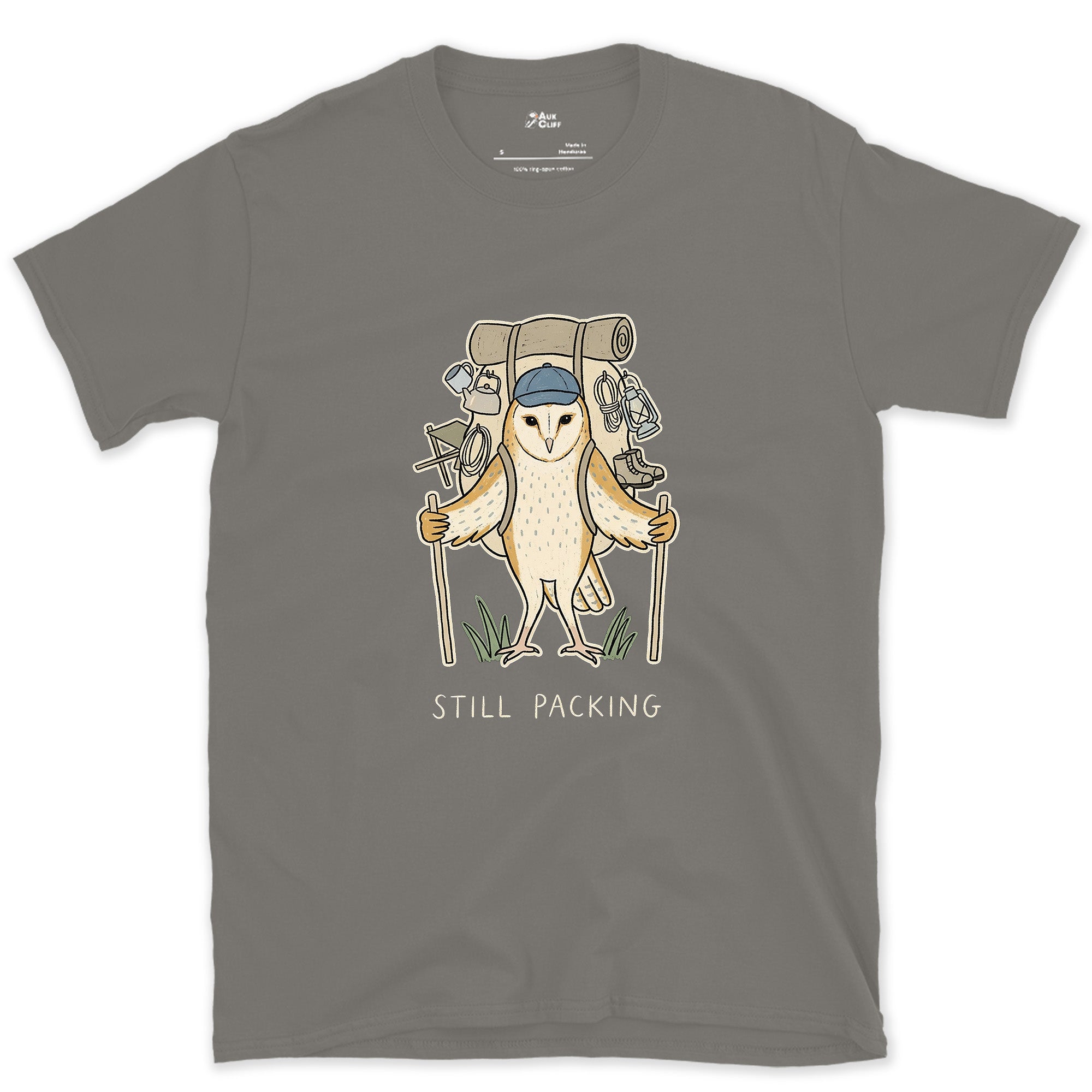 Not Packed Yet, Barn Owl Hiker design on a Charcoal Gildan Softstyle t-shirt