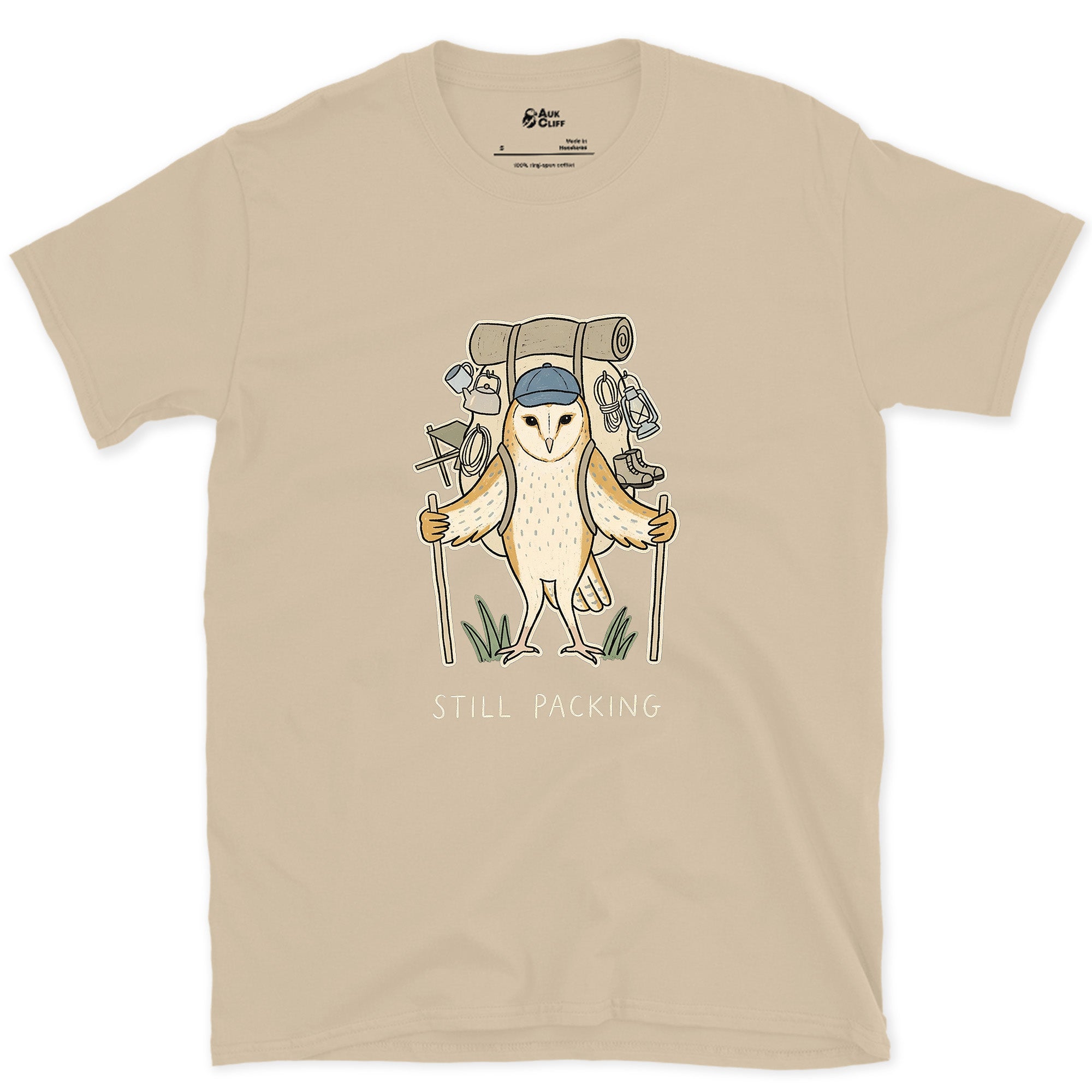 Not Packed Yet, Barn Owl Hiker design on a Sand Gildan Softstyle t-shirt