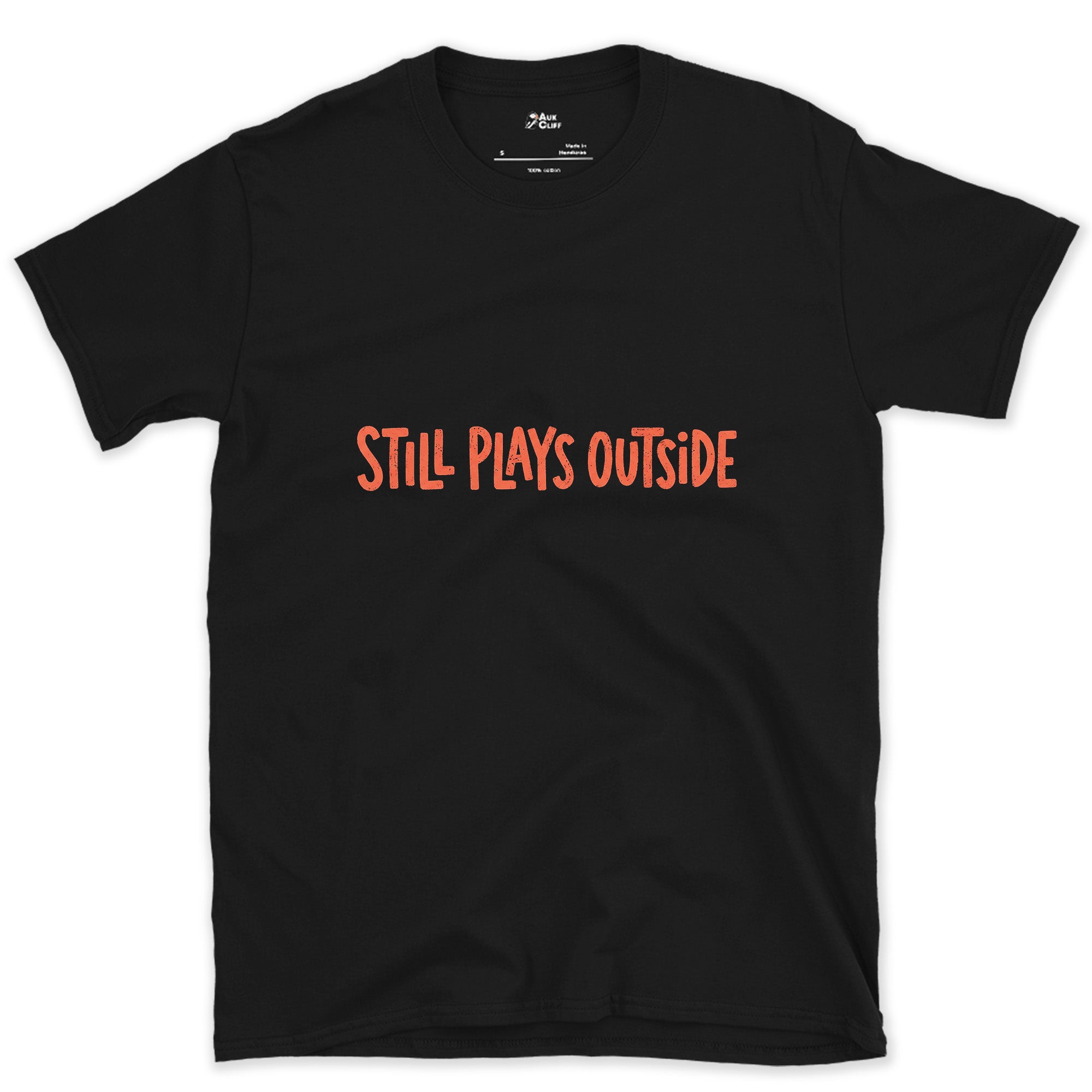 Coral, Still Plays Outside on the Mountain design on a Black Gildan Softstyle t-shirt