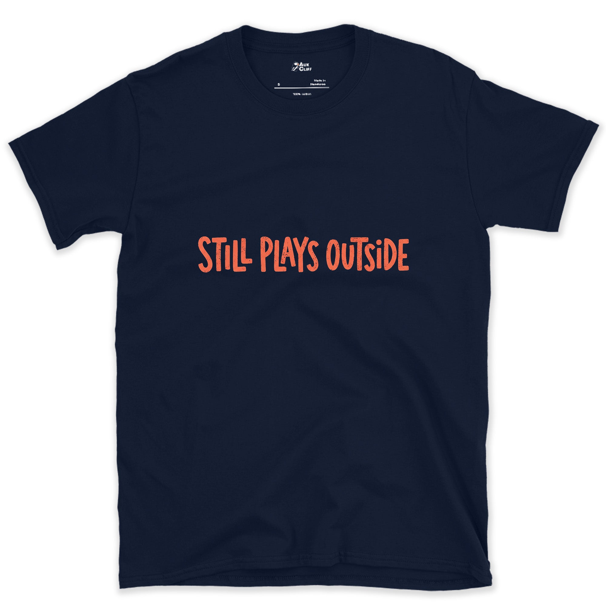Coral, Still Plays Outside on the Mountain design on a Navy Gildan Softstyle t-shirt