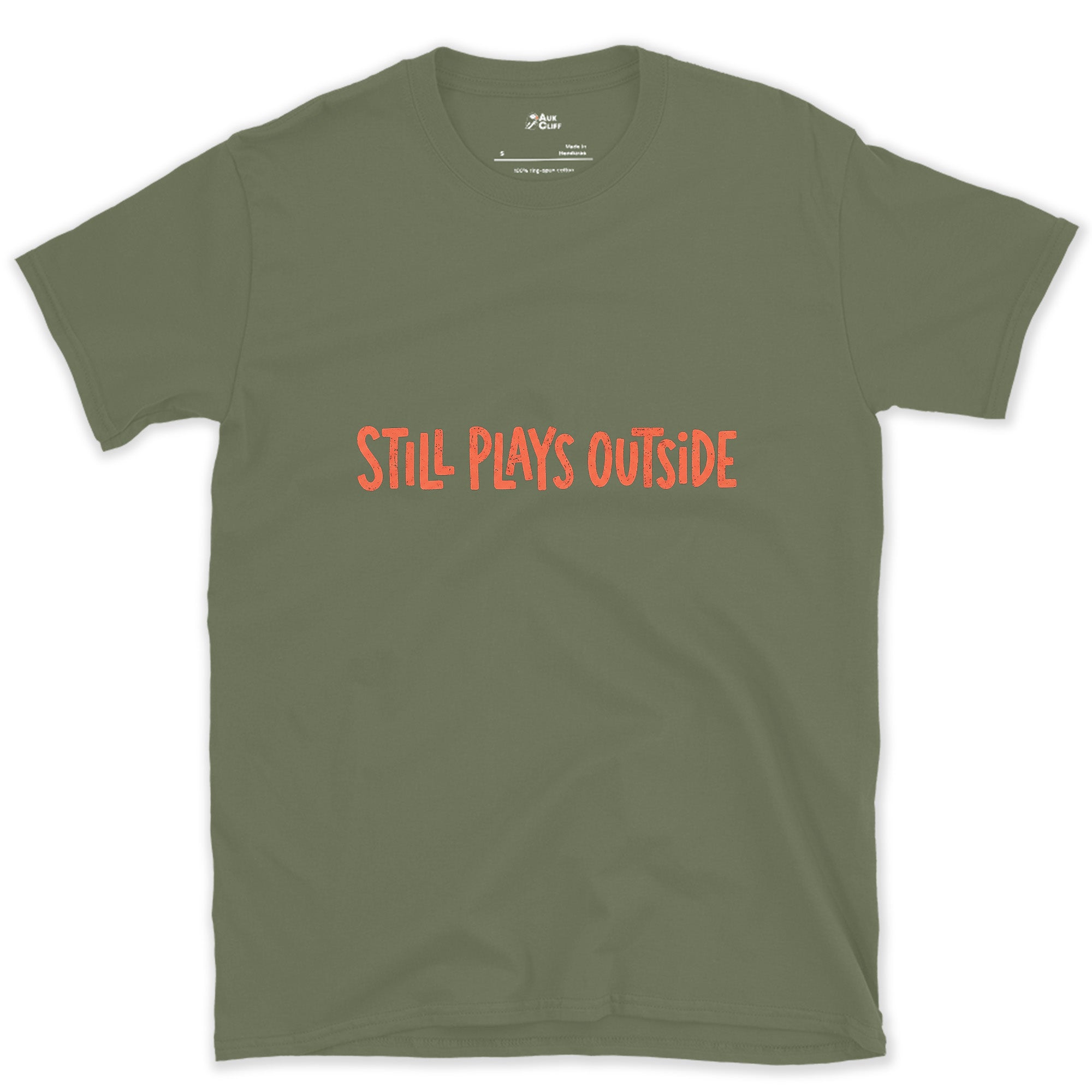 Coral, Still Plays Outside on the Mountain design on a Military Green Gildan Softstyle t-shirt