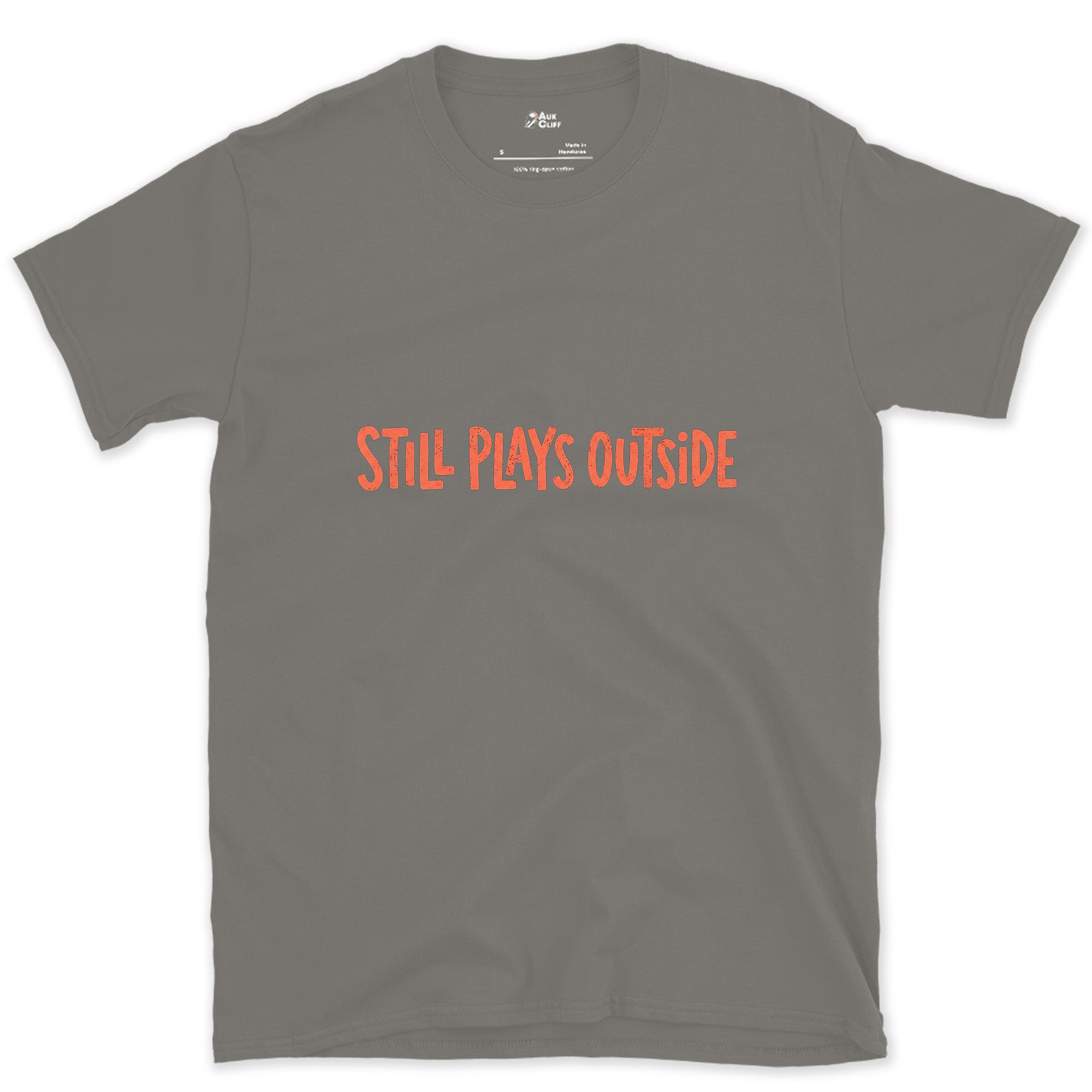 Coral, Still Plays Outside on the Mountain design on a Charcoal Gildan Softstyle t-shirt