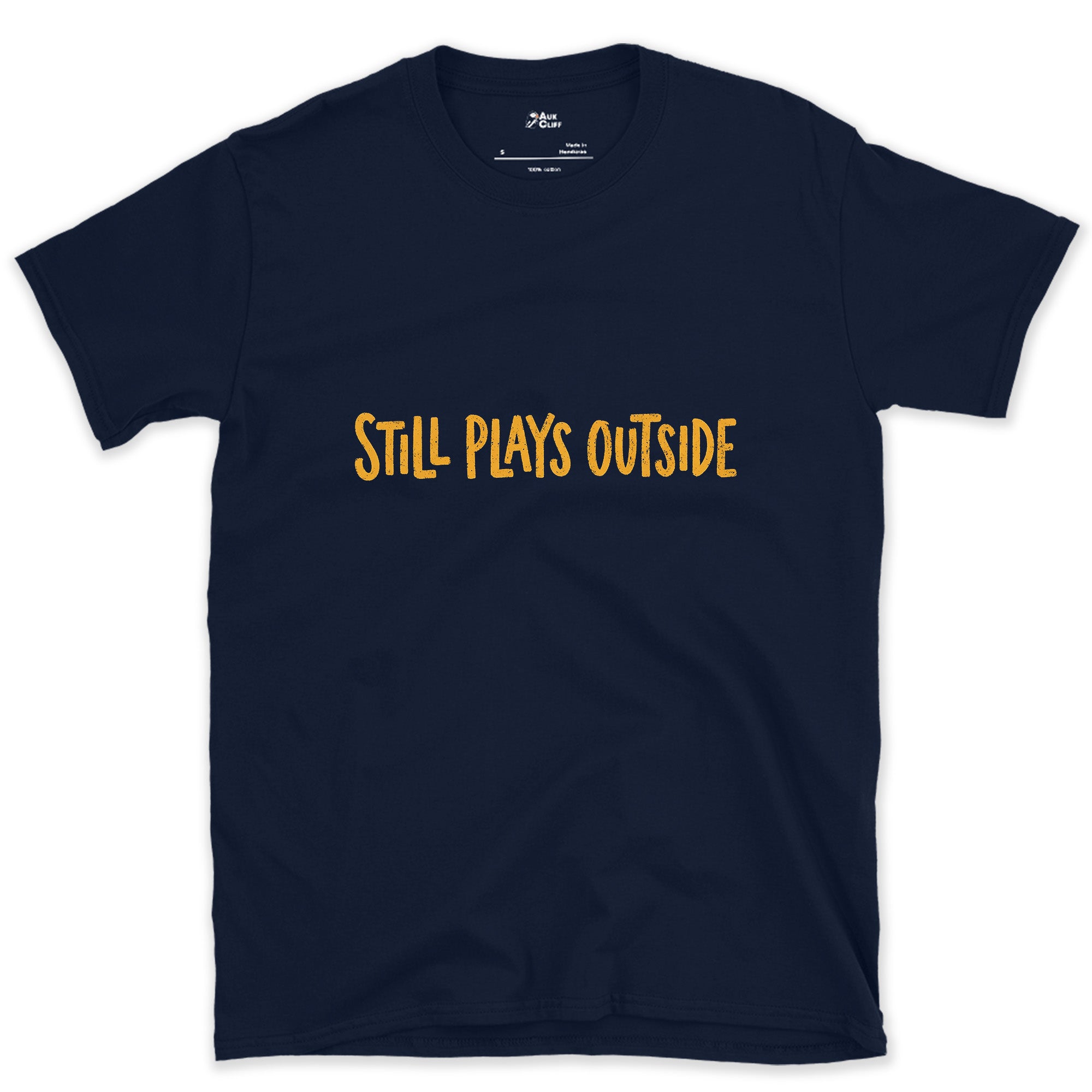 Marigold, Still Plays Outside on the Mountain design on a Navy Gildan Softstyle t-shirt