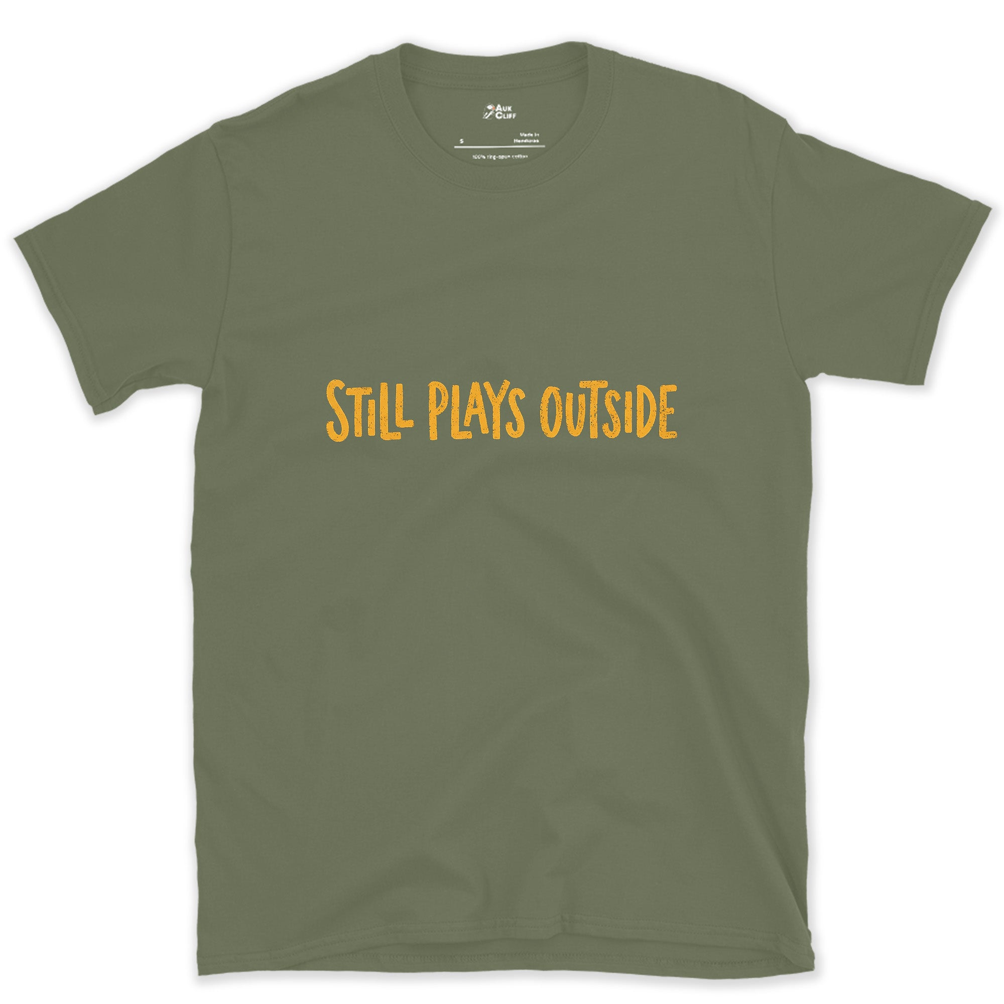 Marigold, Still Plays Outside on the Mountain design on a Military Green Gildan Softstyle t-shirt