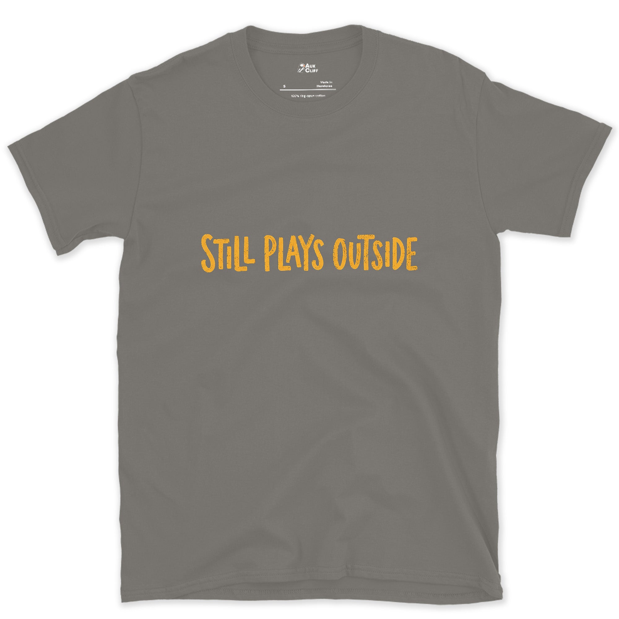 Marigold, Still Plays Outside on the Mountain design on a Charcoal Gildan Softstyle t-shirt