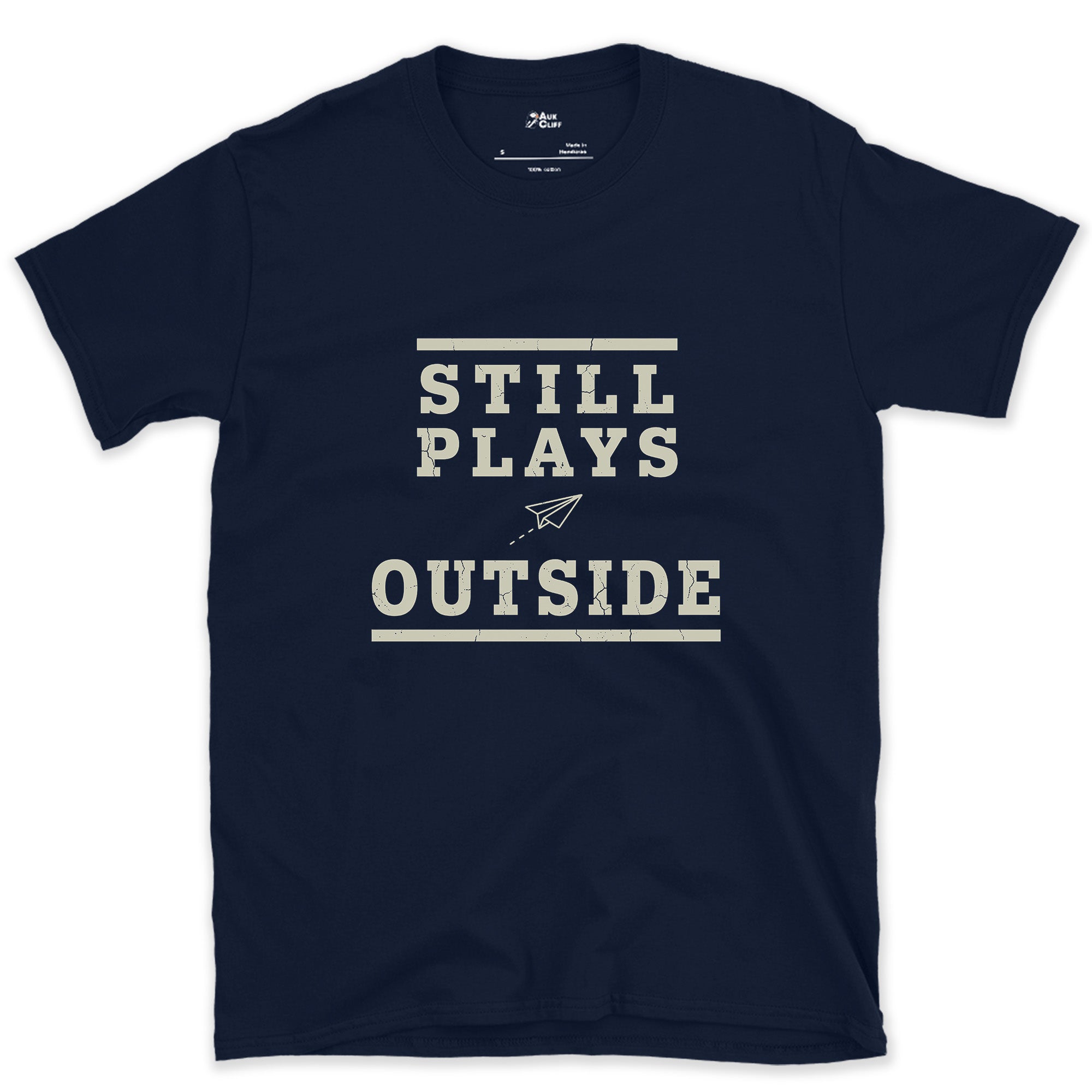 Still Plays Outside, Paper Airplane and All design on a Navy Gildan Softstyle t-shirt