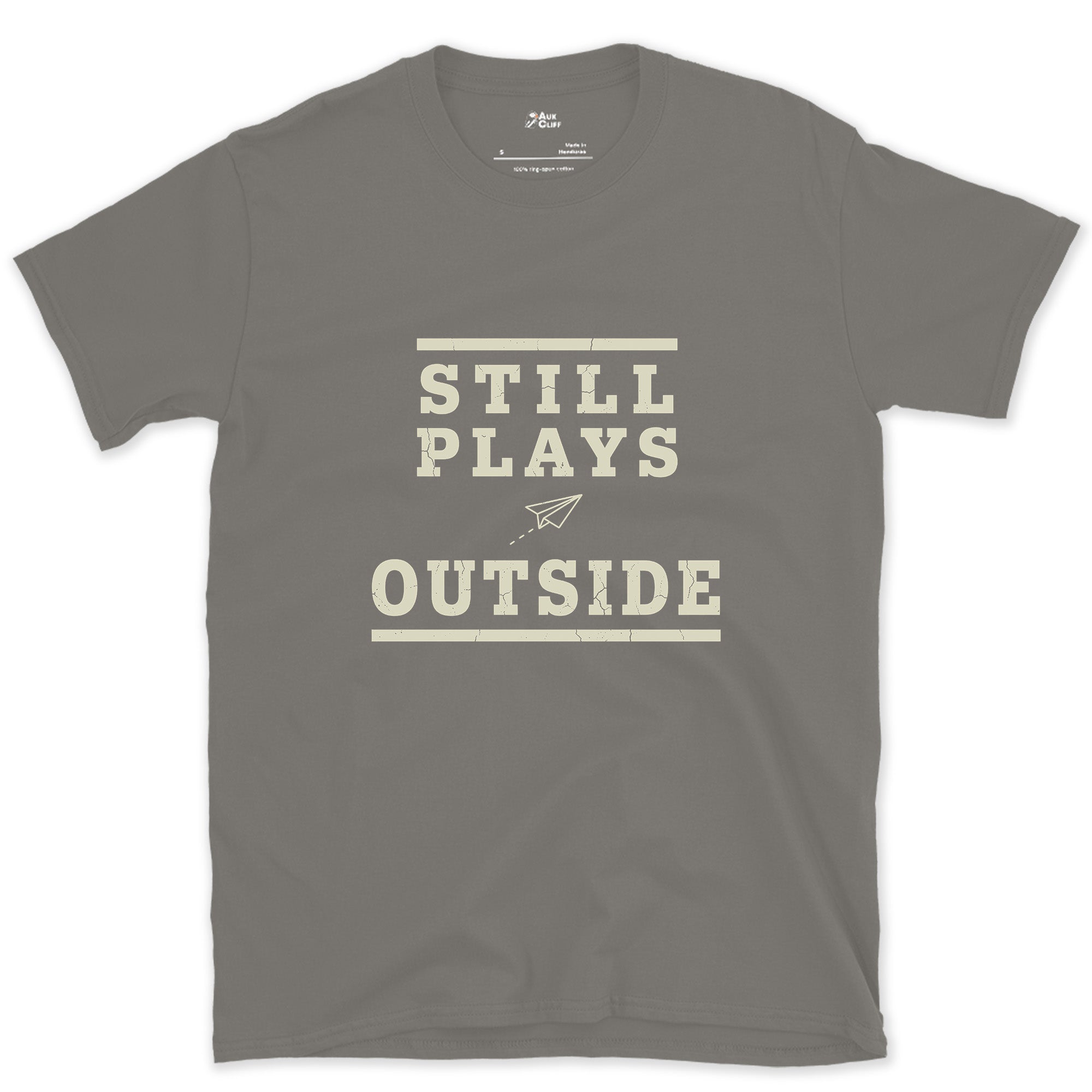 Still Plays Outside, Paper Airplane and All design on a Charcoal Gildan Softstyle t-shirt