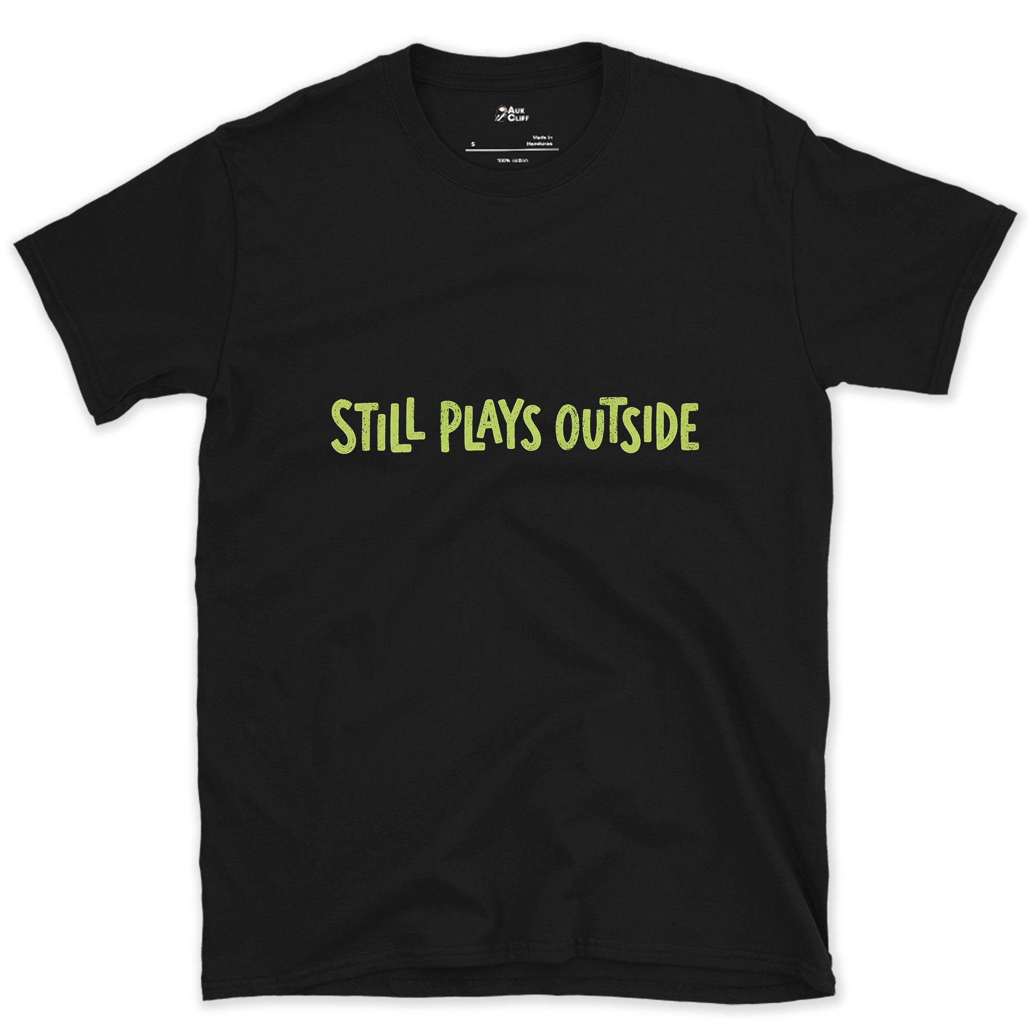 Spring Green, Still Plays Outside on the Mountain design on a Black Gildan Softstyle t-shirt