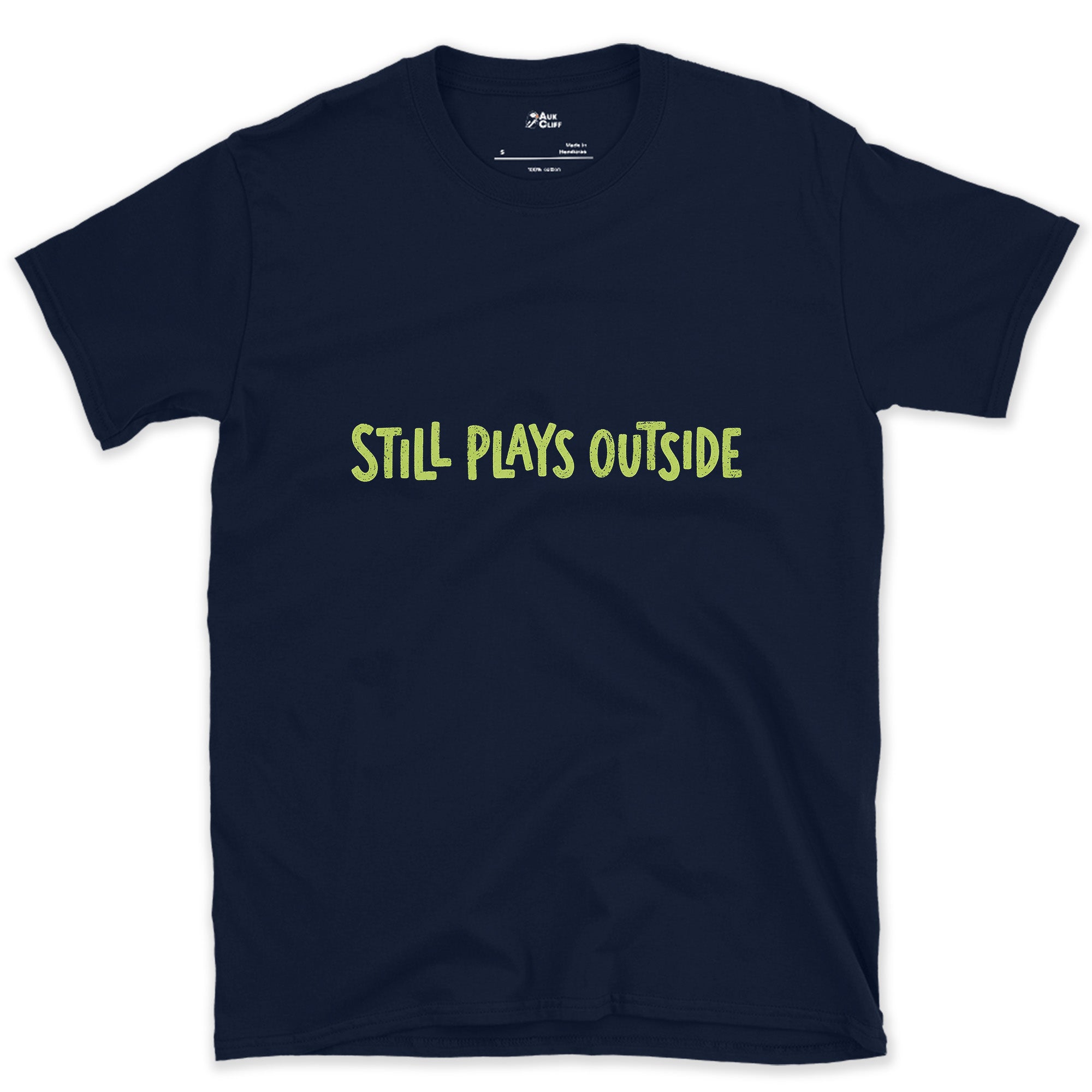 Spring Green, Still Plays Outside on the Mountain design on a Navy Gildan Softstyle t-shirt
