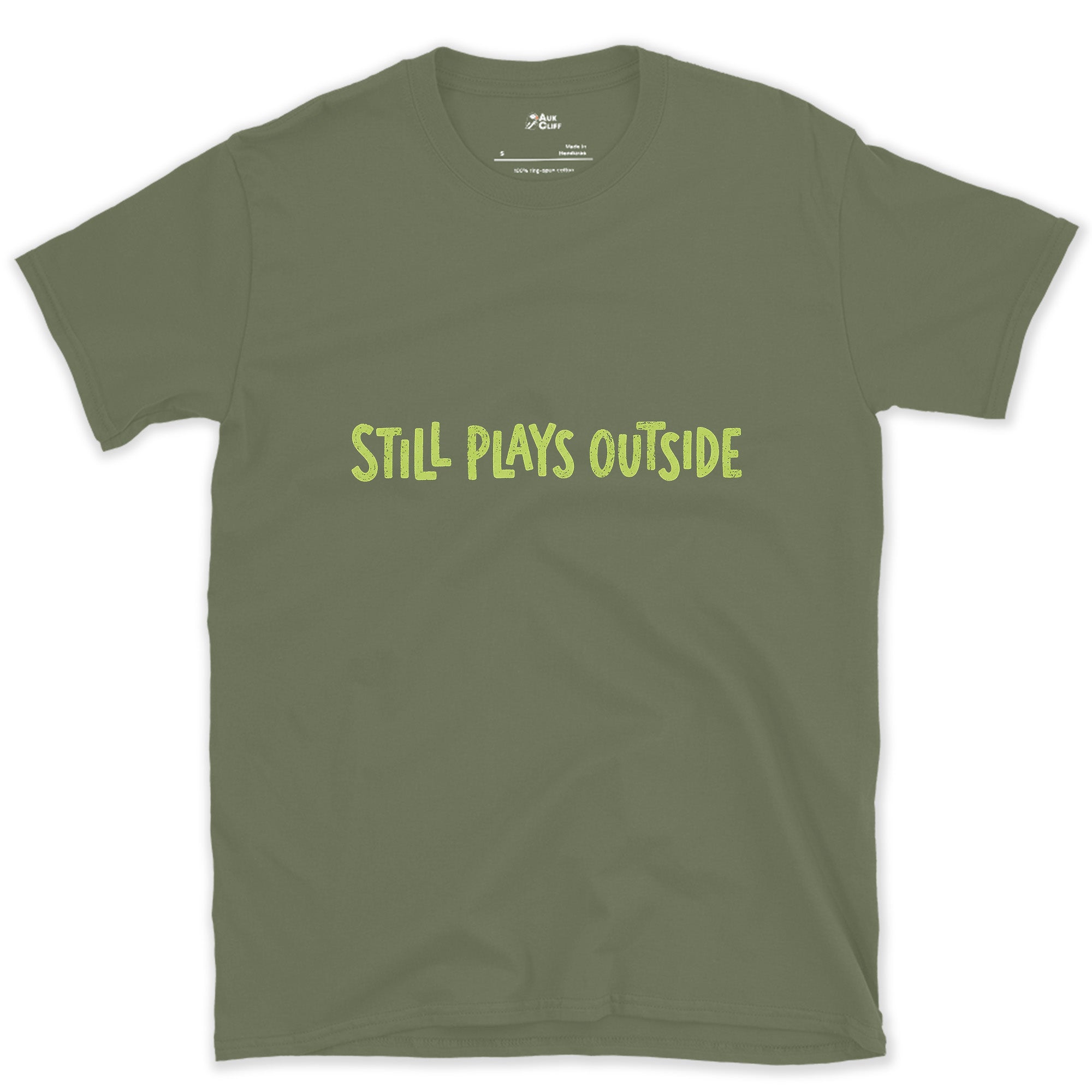 Spring Green, Still Plays Outside on the Mountain design on a Military Green Gildan Softstyle t-shirt