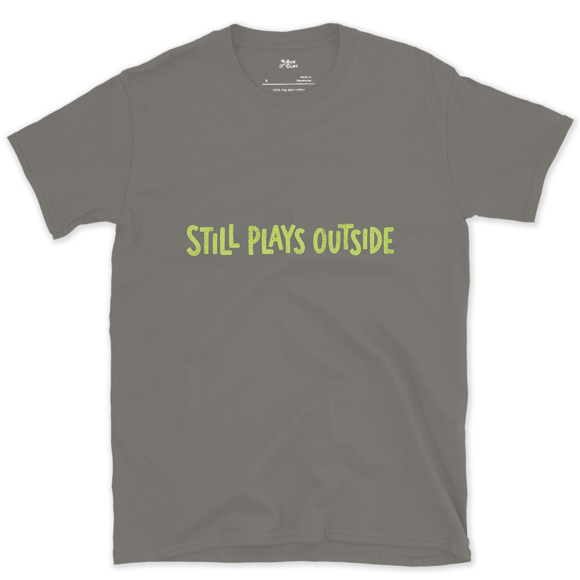 Spring Green, Still Plays Outside on the Mountain design on a Charcoal Gildan Softstyle t-shirt
