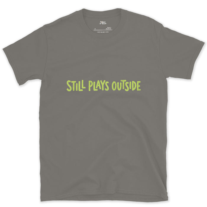 Spring Green, Still Plays Outside on the Mountain design on a Charcoal Gildan Softstyle t-shirt