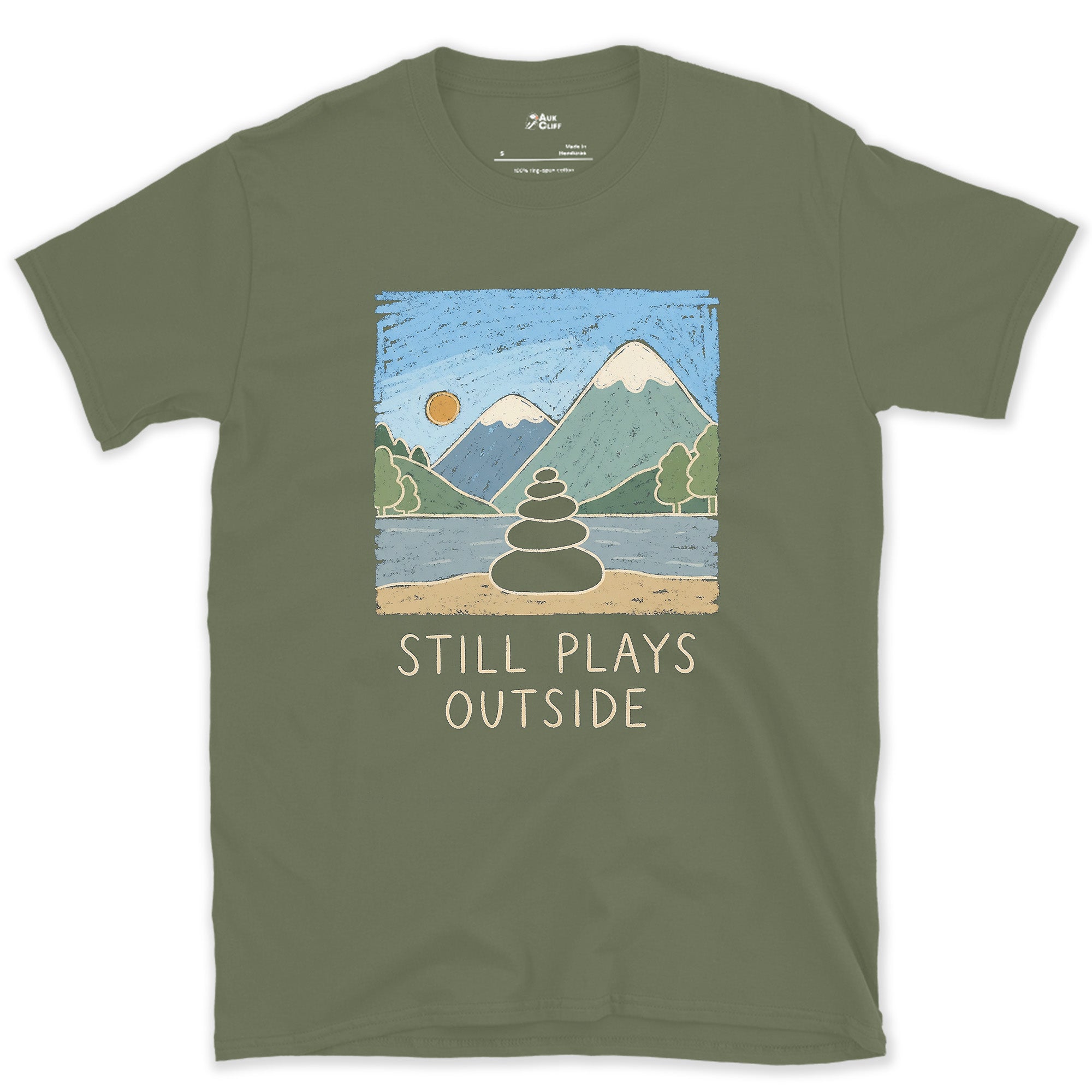 Still Plays Outside, Cairn on the Shore design on a Military Green Gildan Softstyle t-shirt