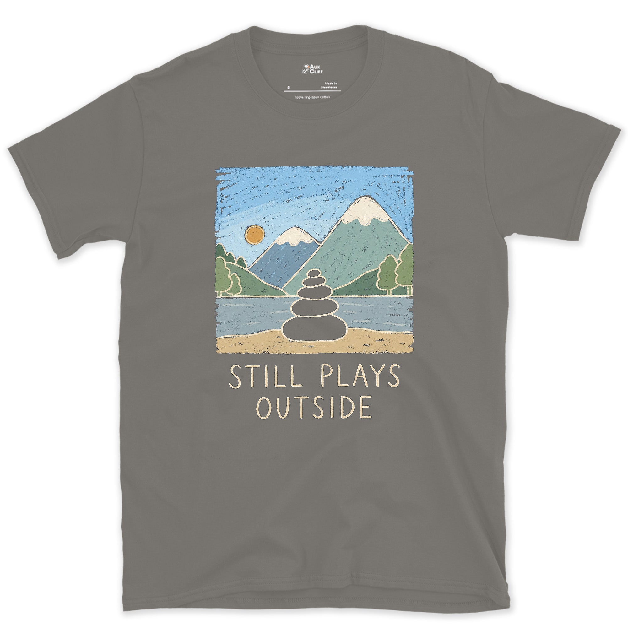Still Plays Outside, Cairn on the Shore design on a Charcoal Gildan Softstyle t-shirt