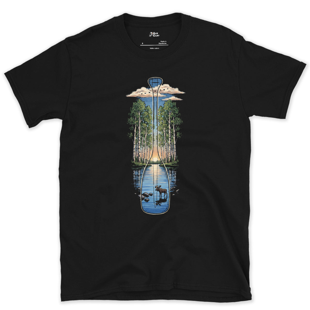 Still River at Dawn, Canoe Paddle design on a Black Gildan Softstyle t-shirt