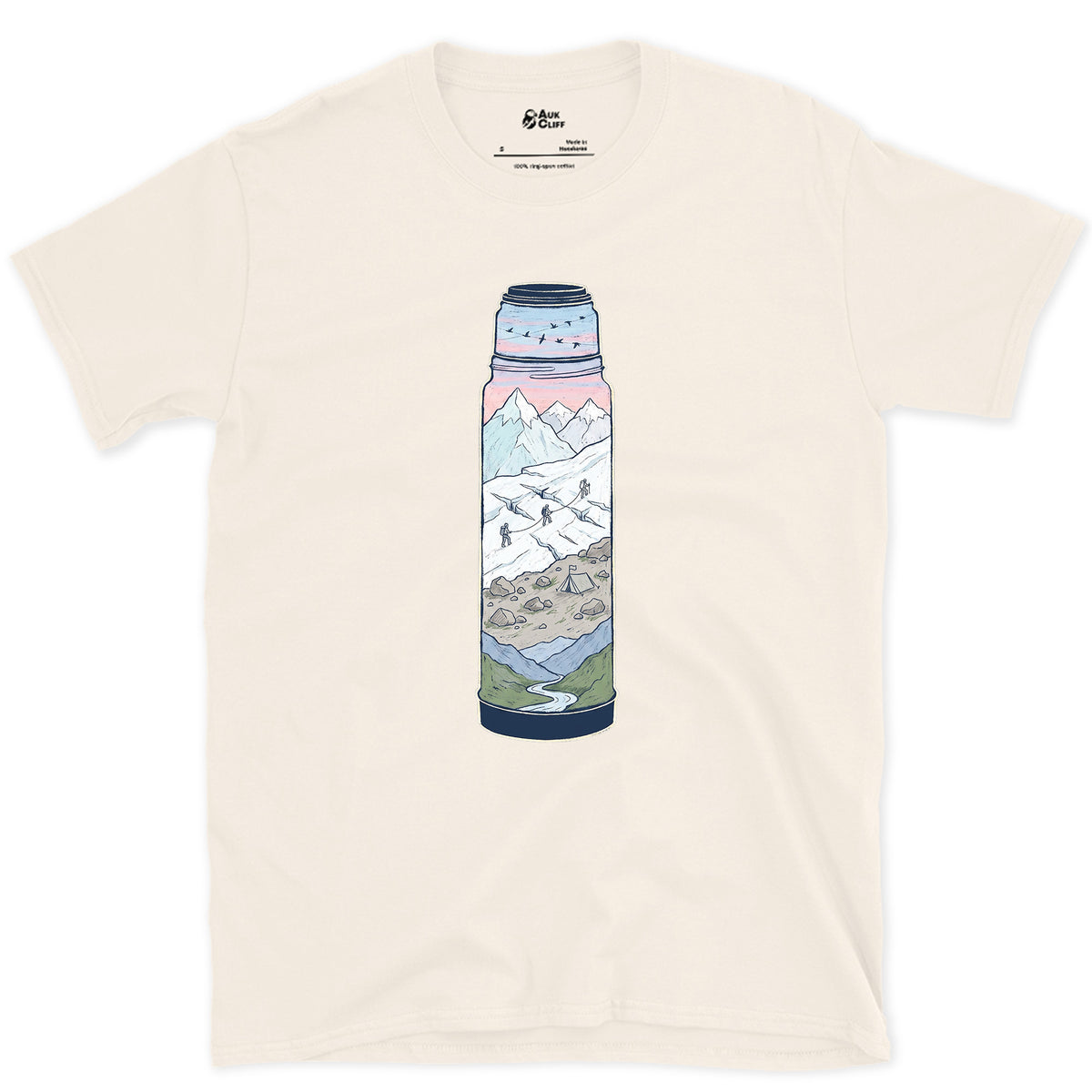 Still Warm on the Glacier, Vacuum Flask design on a Natural Gildan Softstyle t-shirt