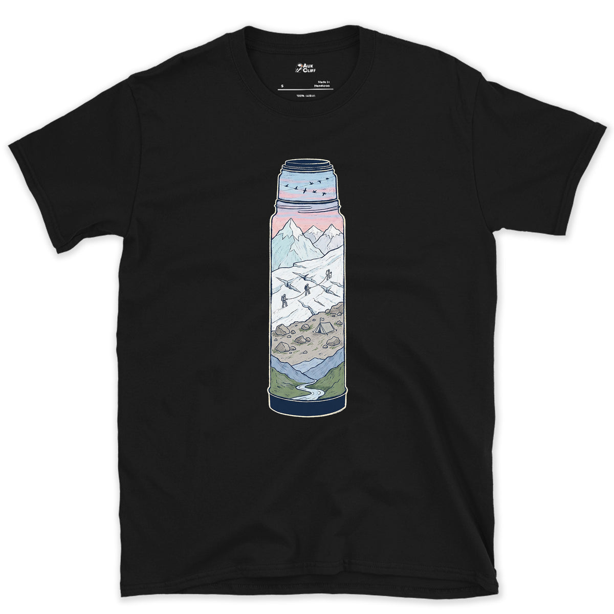 Still Warm on the Glacier, Vacuum Flask design on a Black Gildan Softstyle t-shirt
