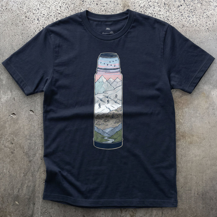 Still Warm on the Glacier, Vacuum Flask design on a Navy Gildan Softstyle t-shirt